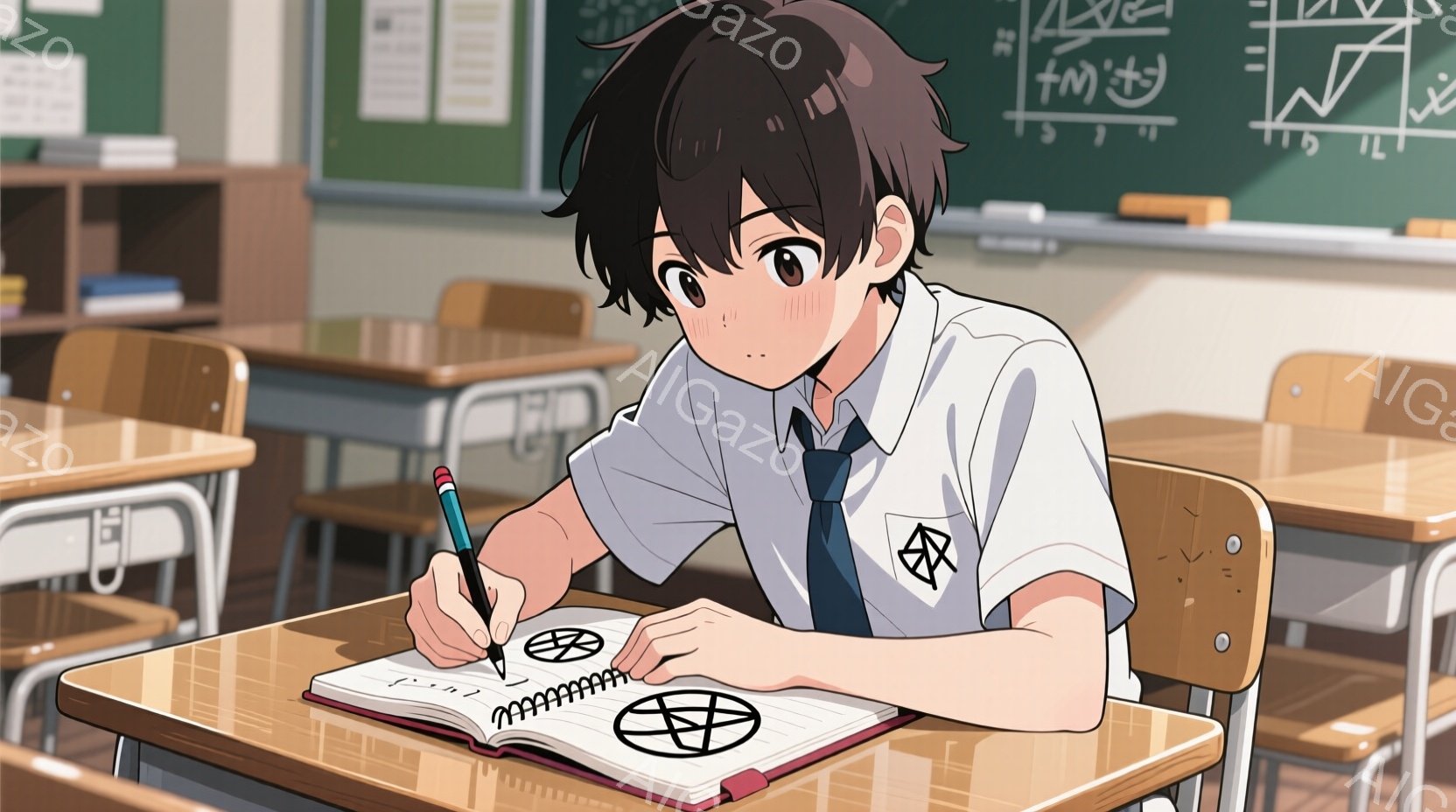 茶色の髪の少年が教室でノートに何かを描いています。彼は制服を着ており、白いシャツにネクタイ、そして濃い色のブレザーを着ています。教室には机と椅子が並び、黒板には数式が書かれており、学習に集中した静かな - AI生成フリー素材