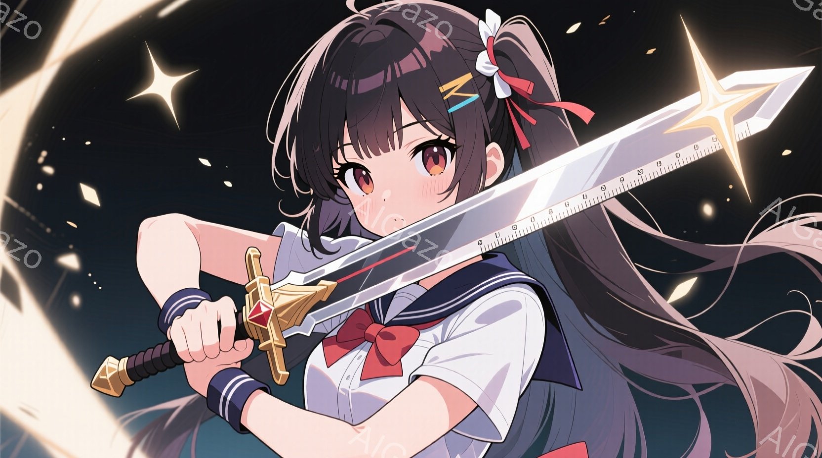 長い黒髪をポニーテールにし、赤いリボンで飾った少女が、紺色のセーラー服を着て、光り輝く巨大な剣を両手で構えています。彼女は鋭い眼差しで前を見据え、決意に満ちた表情をしています。背景は暗く、星のような光 - AI生成フリー素材