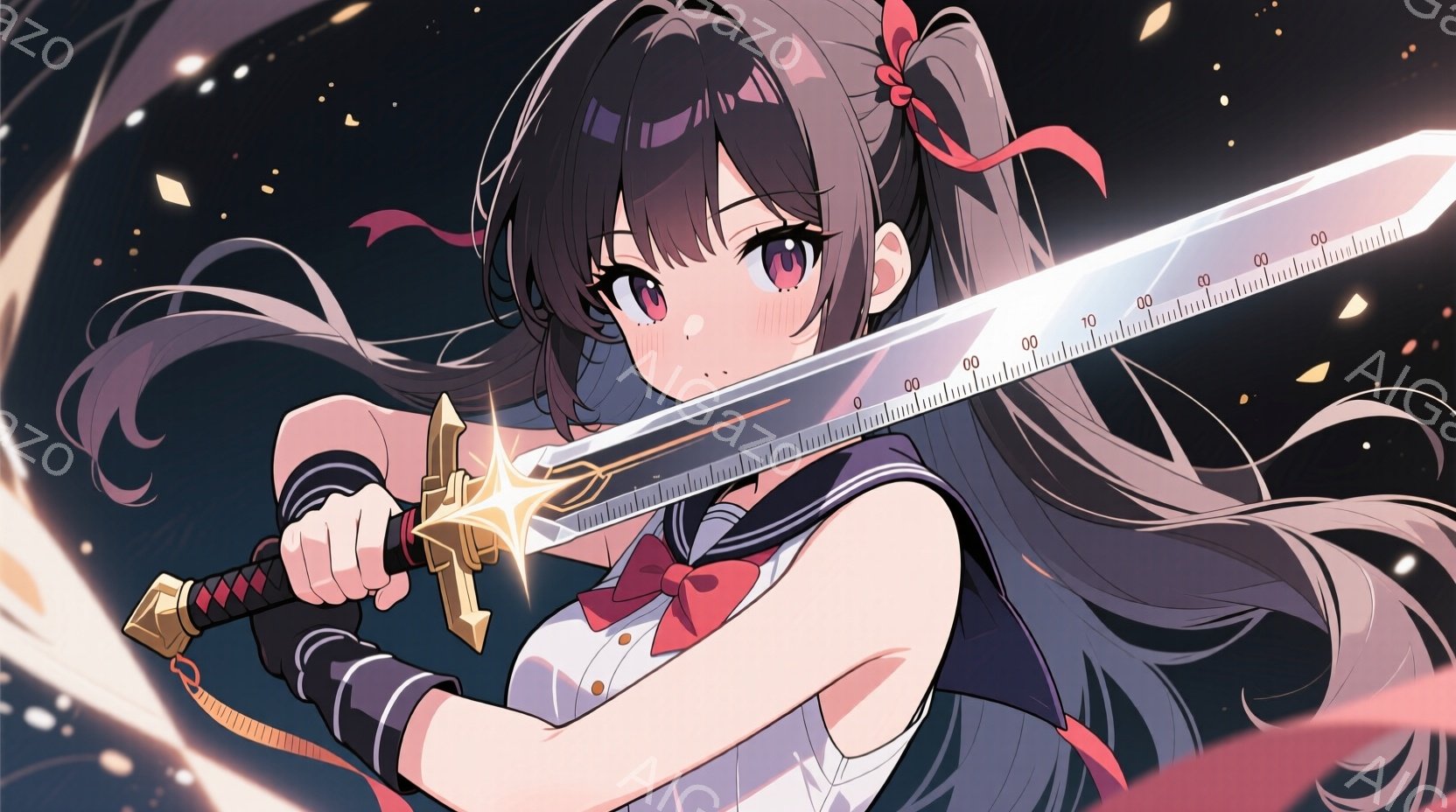 長い黒髪に赤いリボンをつけた少女が、光り輝く剣を構えているイラストです。セーラー服のような服装で、決意に満ちた表情で剣を前に突き出しており、背景には赤い光の粒子が舞い散っています。全体的に、アクション - AI生成フリー素材
