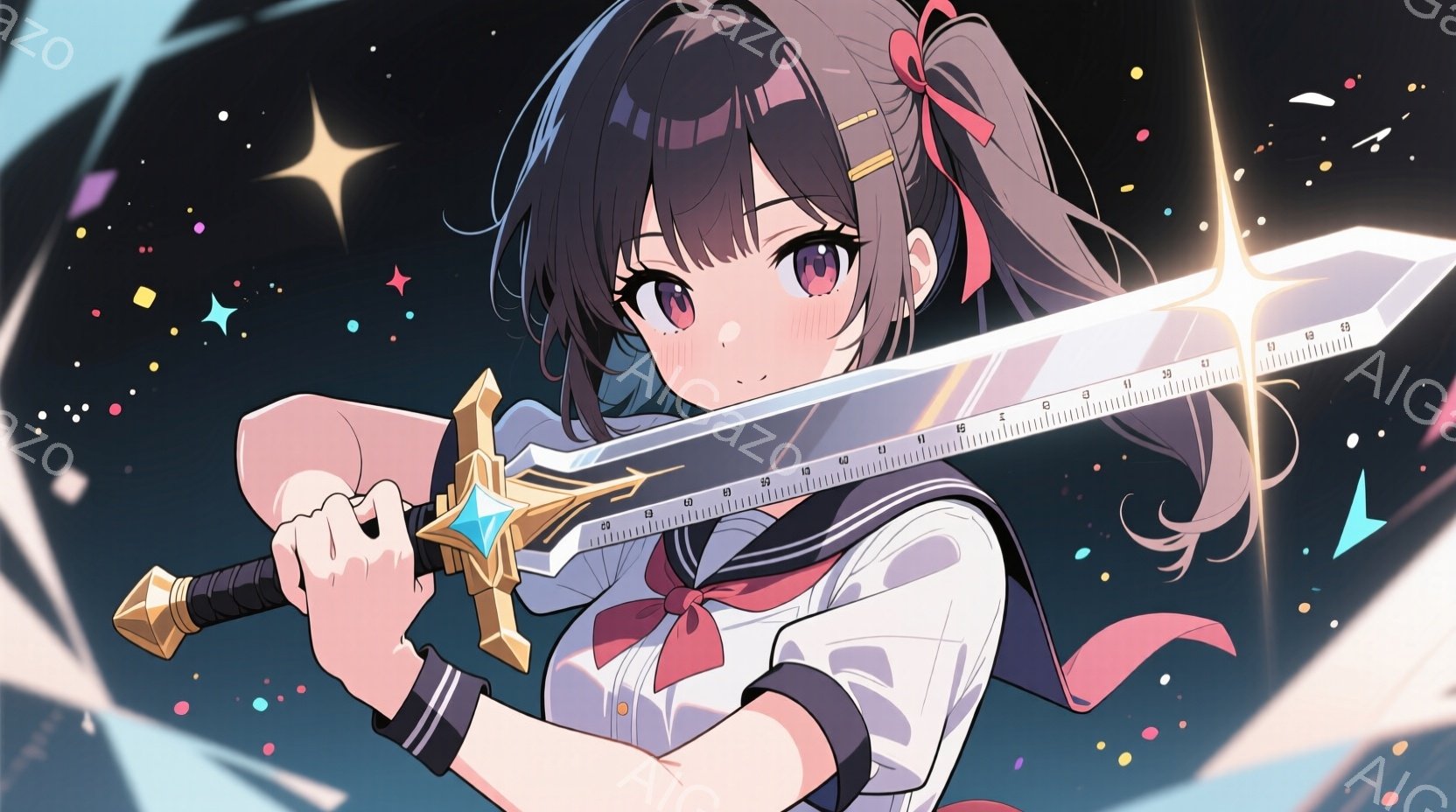 茶色の髪をリボンで結んだ少女が、制服姿で大きな剣を構えています。彼女は少し頬を赤らめ、真剣な眼差しで前を見据えています。背景は暗く、星のような光が散りばめられており、全体的にファンタジー的な雰囲気を醸し出しています。