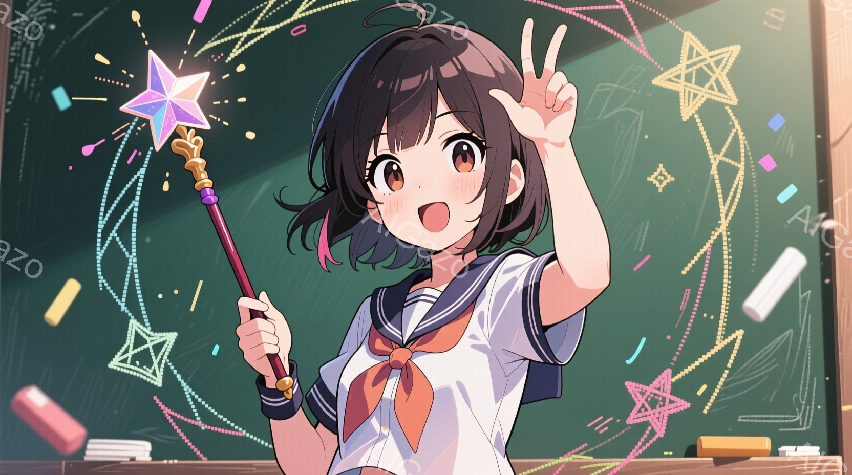 少女はセーラー服を着て、ピンクと紫の入った黒髪を肩まで伸ばしています。彼女は片手を上げて勝利のサインをしており、もう片手には星形の光る魔法の杖を持っています。背景は黒板で、様々な色のチョークで描かれた星や線が散りばめられており、明るく楽しい雰囲気です。