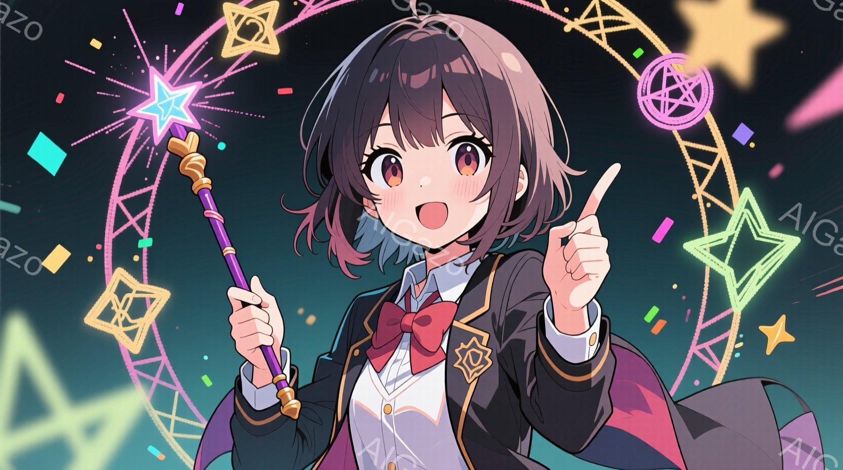 栗色の巻き髪に大きな目をした少女が描かれています。黒いジャケットに赤いリボンと金ボタンが飾られた制服のような服装で、片手に魔法の杖を持ち、指を立てて何かを指し示しています。背景には星型の光や魔法陣のような模様が散りばめられ、ファンタジーの世界観を演出しています。
