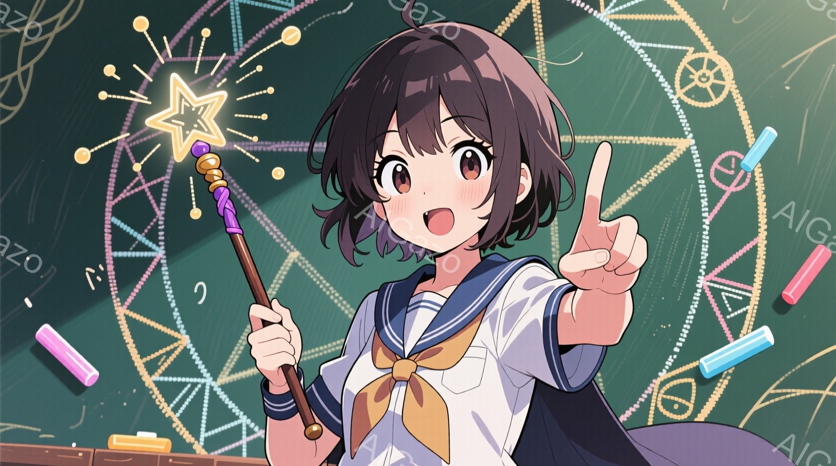 短い茶色の髪の少女が、セーラー服を着て、右手を上げてピースサインをしています。彼女は魔法の杖を持っており、杖の先端からは星形の光が輝いています。背景には、複雑な模様の円と、数本のチョークが描かれた黒板があり、ファンタジーと学園の雰囲気が混ざり合っています。