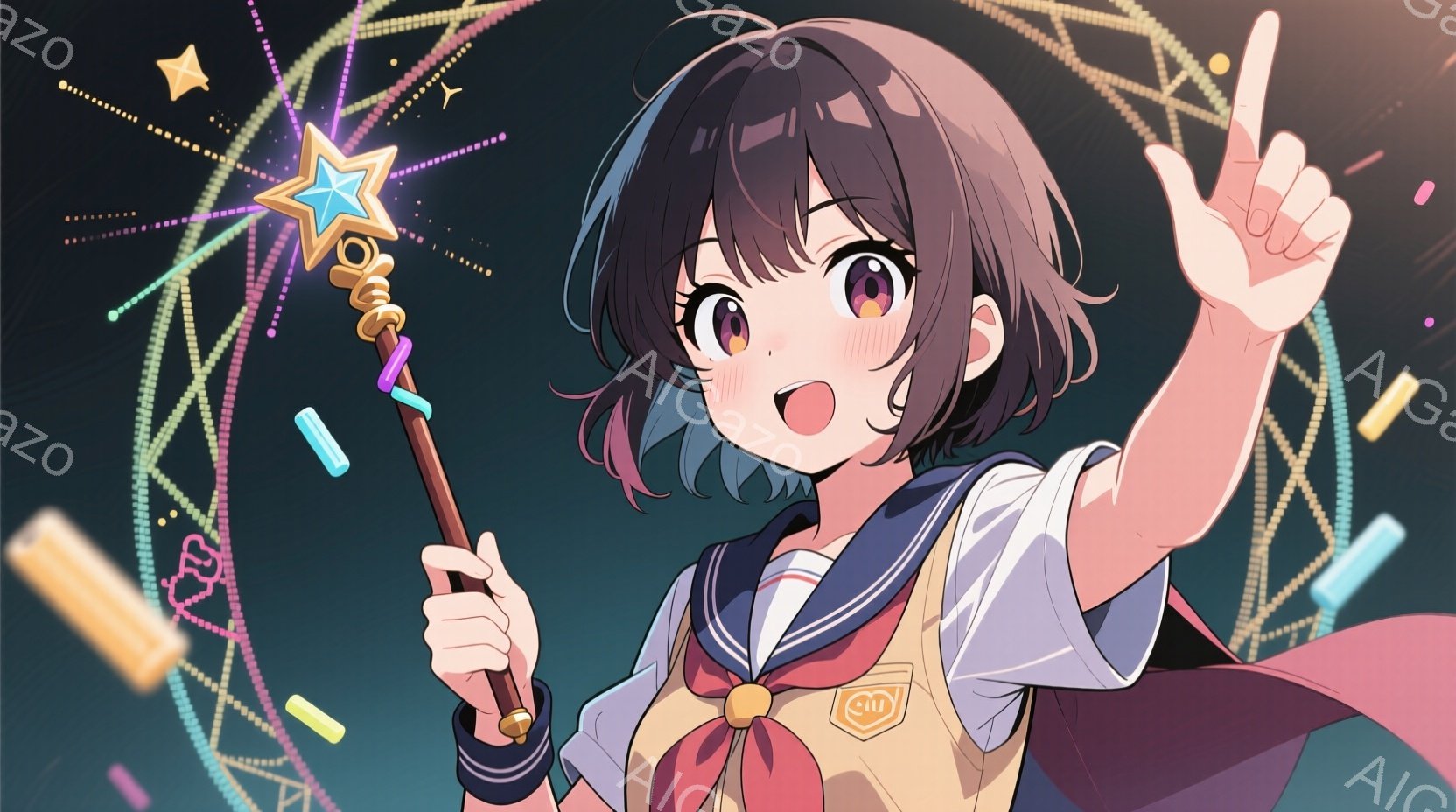 明るい茶色の髪を肩まで伸ばした少女が描かれています。彼女はセーラー服を着ており、片手に星の形をした魔法の杖を持っています。背景には、キラキラと輝く星や光の線が描かれており、ファンタジーで夢のような雰囲気を醸し出しています。
