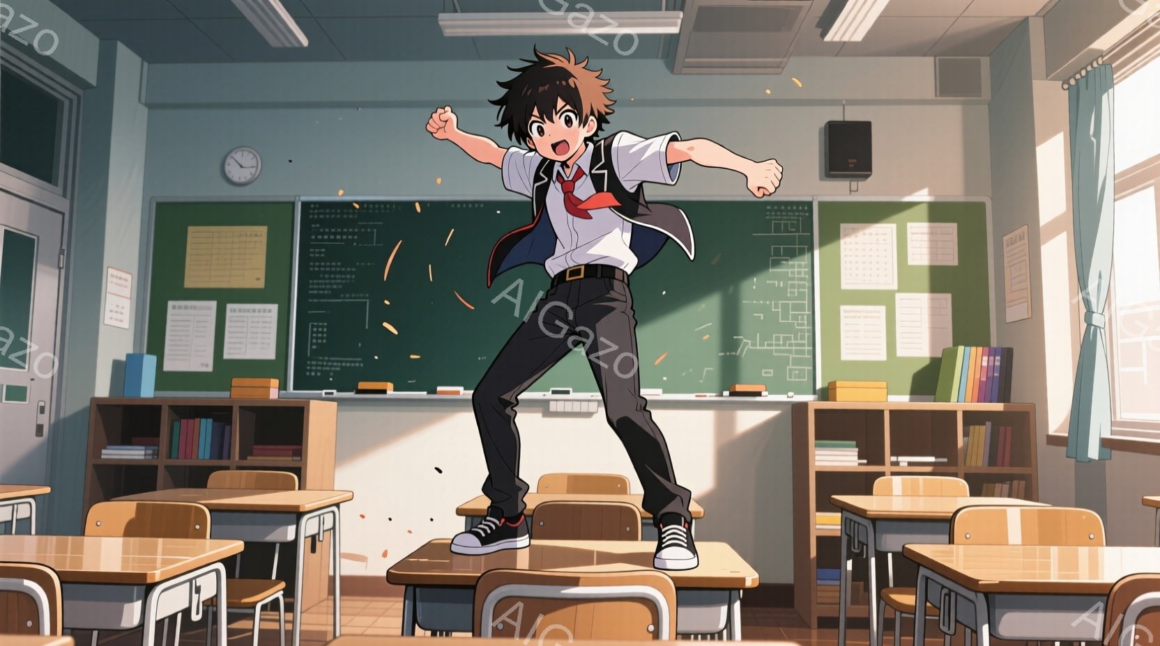 教室の机の上で、制服を着た少年が両手を広げて立っている。黒髪で、元気な表情をしており、周囲には紙吹雪が舞っている。背景には黒板、机、椅子が並び、窓からは光が差し込み、明るい雰囲気である。