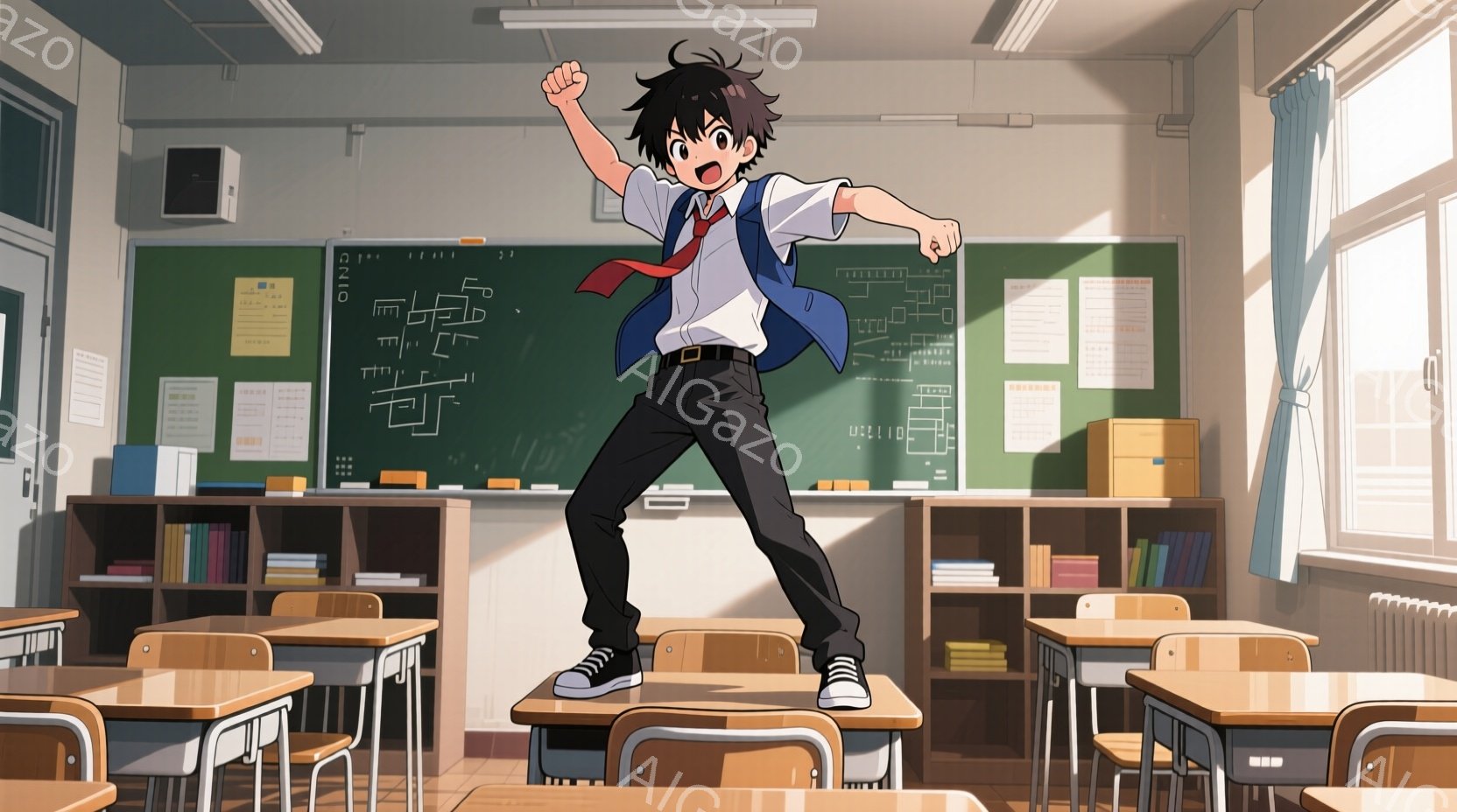 黒髪で、前髪が少し跳ねた男の子が、教室の机の上で両手を高く上げてポーズをとっています。彼は白いシャツに赤いネクタイ、黒いズボン、そしてスニーカーを履いており、興奮した表情をしています。教室は明るく、窓から差し込む光で暖かく、多くの机と椅子が並び、黒板には数式が書かれています。