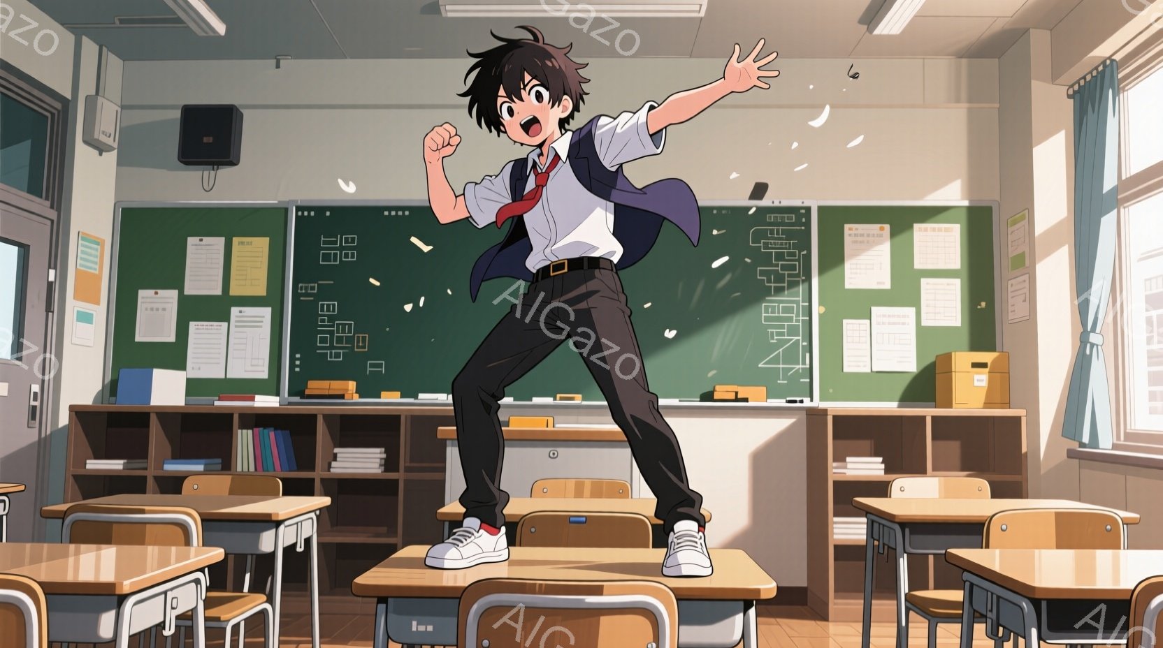 黒髪で少し無造作な髪型の少年が、教室の机の上で両手を広げ、勢いよくジャンプしている様子が描かれている。彼は白いシャツにネクタイ、黒いズボン、白いスニーカーを履いており、顔には喜びと興奮が表れている。教 - AI生成フリー素材