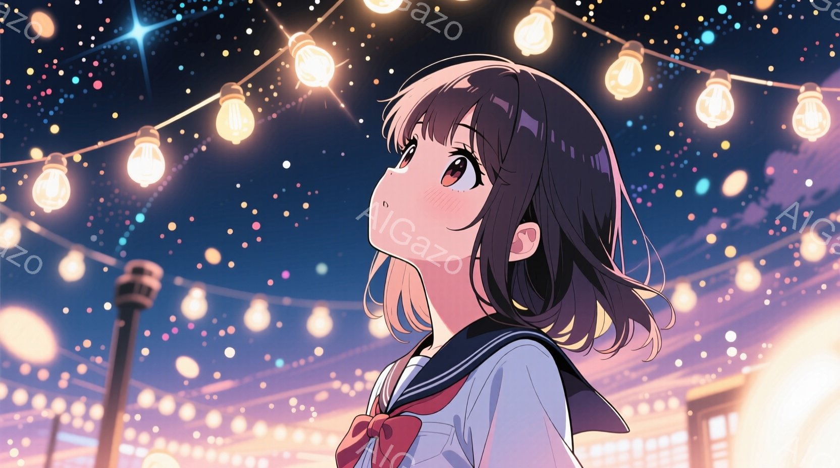 ショートカットの茶髪の少女が、紺色のリボンとセーラーカラーの制服を着て、夜空を見上げている。頬はほんのりと赤く、優しい表情で、無数の光が輝く背景と相まって、どこか幻想的な雰囲気を醸し出している。光の粒 - AI生成フリー素材