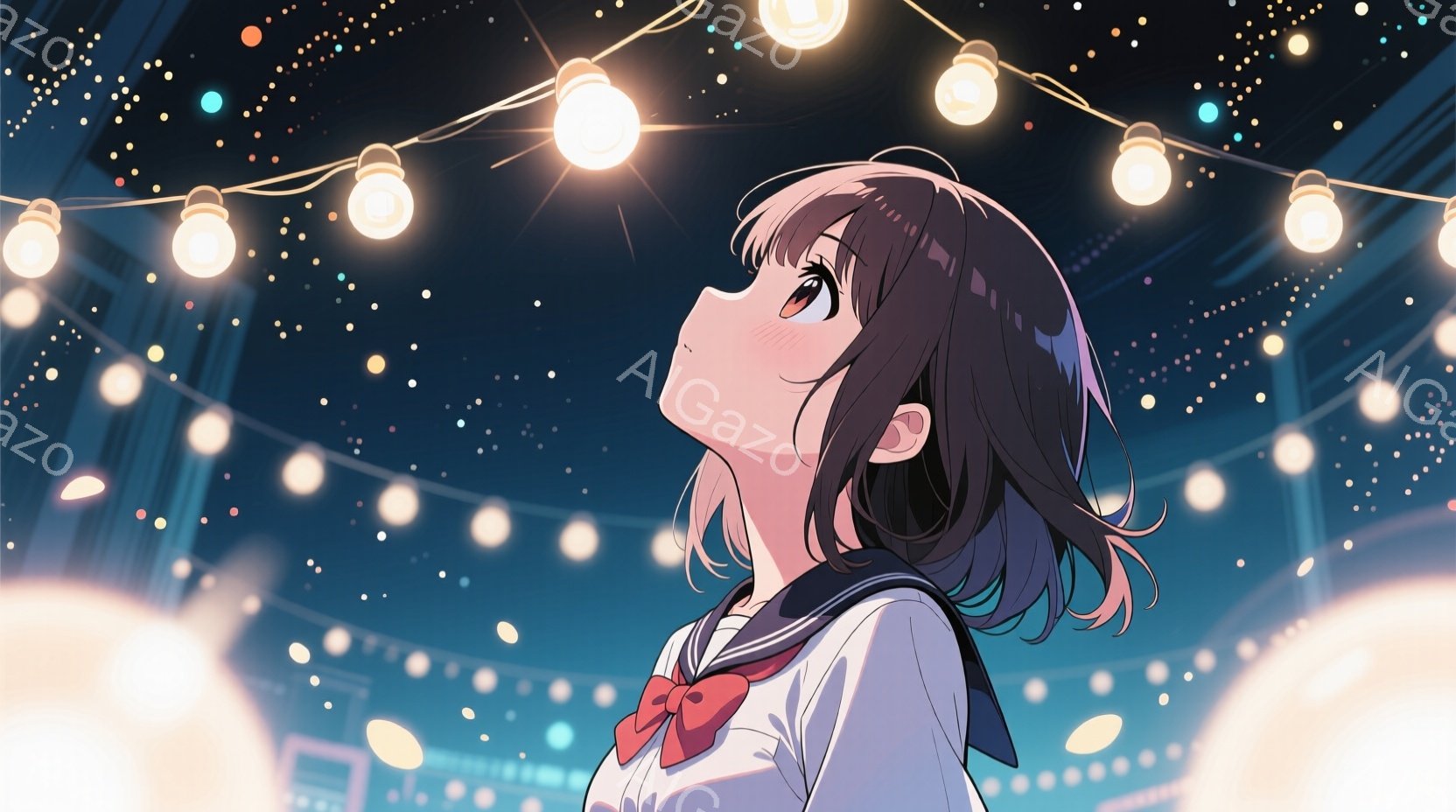 暗い背景に無数の光が輝く中、少女が上を見上げている。彼女はセーラー服を着ており、茶色の短い髪と少し照れたような表情をしている。光のぼやけが背景を彩り、幻想的で温かい雰囲気を醸し出している。 - AI生成フリー素材