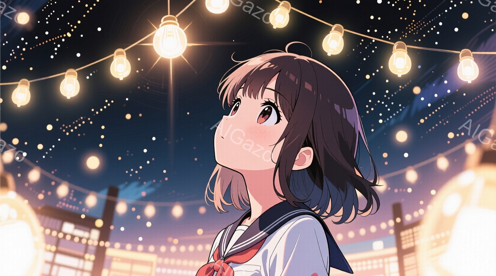 短い茶色の髪の少女が、夜空を見上げています。彼女はセーラー服を着ており、赤いリボンがアクセントになっています。背景には無数の光が輝き、まるで星空のような幻想的な雰囲気を作り出しています。 - AI生成フリー素材