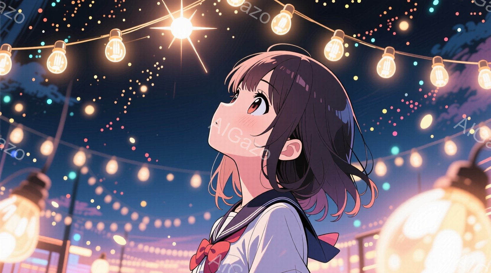 ショートボブの茶髪で、赤いリボンとセーラー服を着た若い女性を描いています。彼女は夜空を見上げ、頬を少し赤らめ、希望に満ちた表情をしています。背景には、多くの電球が飾られた夜の街並みと、わずかに見える建 - AI生成フリー素材
