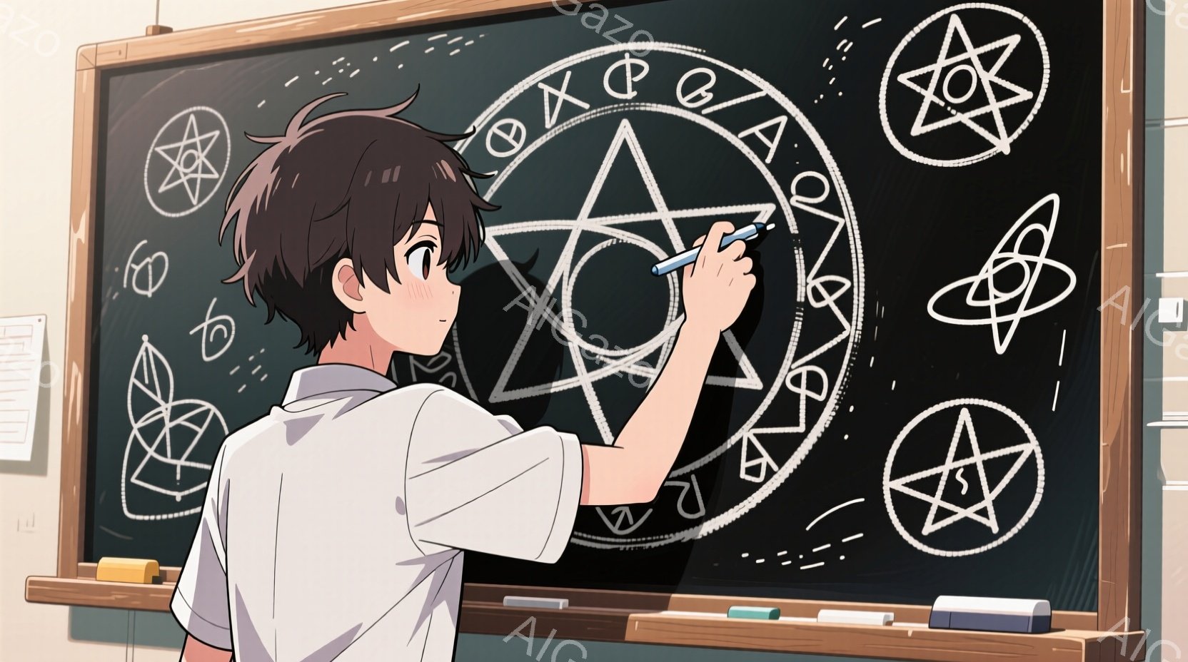 少年は白いシャツに紺色のジャケットを着ており、黒い髪は少し無造作に整えられています。彼は黒板に向かって立ち、チョークで複雑な魔法陣を描いています。背景には、他の魔法陣が描かれた黒板と、わずかに見える教室の壁が見え、全体的にミステリアスで少し緊張感のある雰囲気が漂っています。