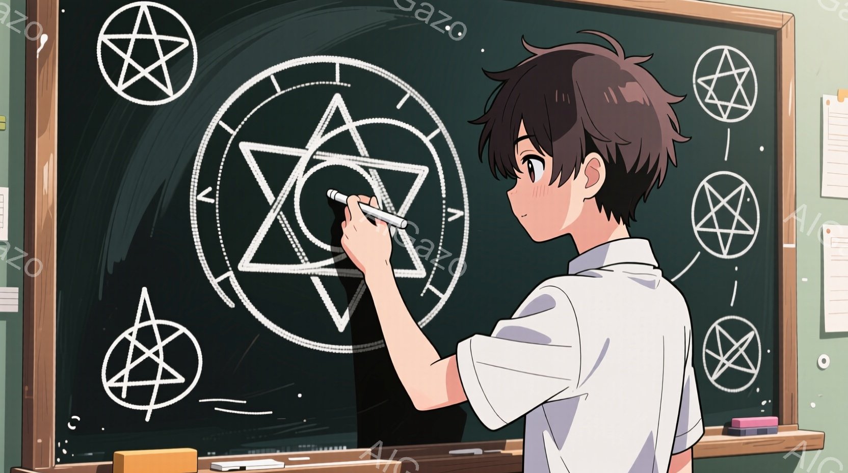 黒髪の男子高校生が黒板にチョークで魔法陣を描いています。白いシャツにネクタイ姿で、少し頬を赤らめ、集中した表情をしています。背景には複数の魔法陣が描かれており、教室の黒板であることが分かります。