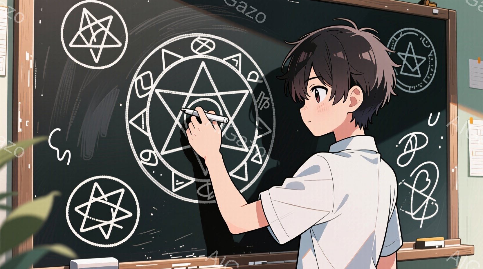 黒板に奇妙な図形を描いている少年が描かれています。彼は白いシャツを着ており、黒髪で少し乱れた髪型をしています。少年は集中した表情で、片手にペンを持ち、黒板に図形を書き込んでいます。