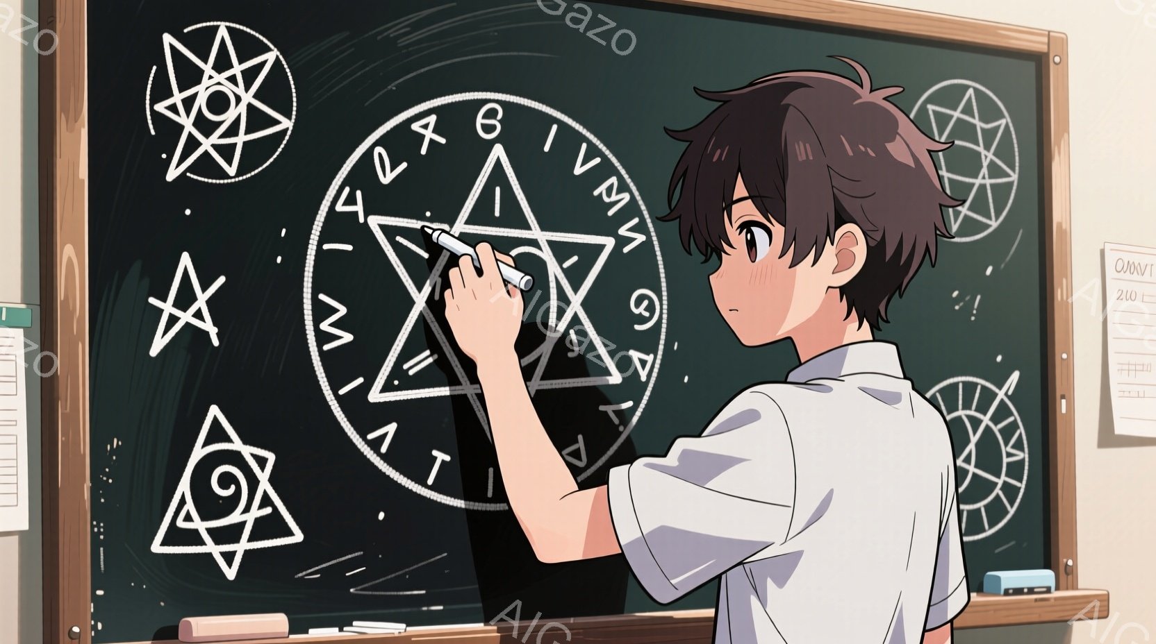 黒板の前で少年が描いている様子が描かれている。少年は短い黒髪で、白いシャツと濃い色のズボンを着用し、集中した表情でチョークを使って黒板に複雑な模様を描いている。背景には、他の黒板と書類が見え、教室のような雰囲気で、何かに没頭している少年の姿が印象的である。