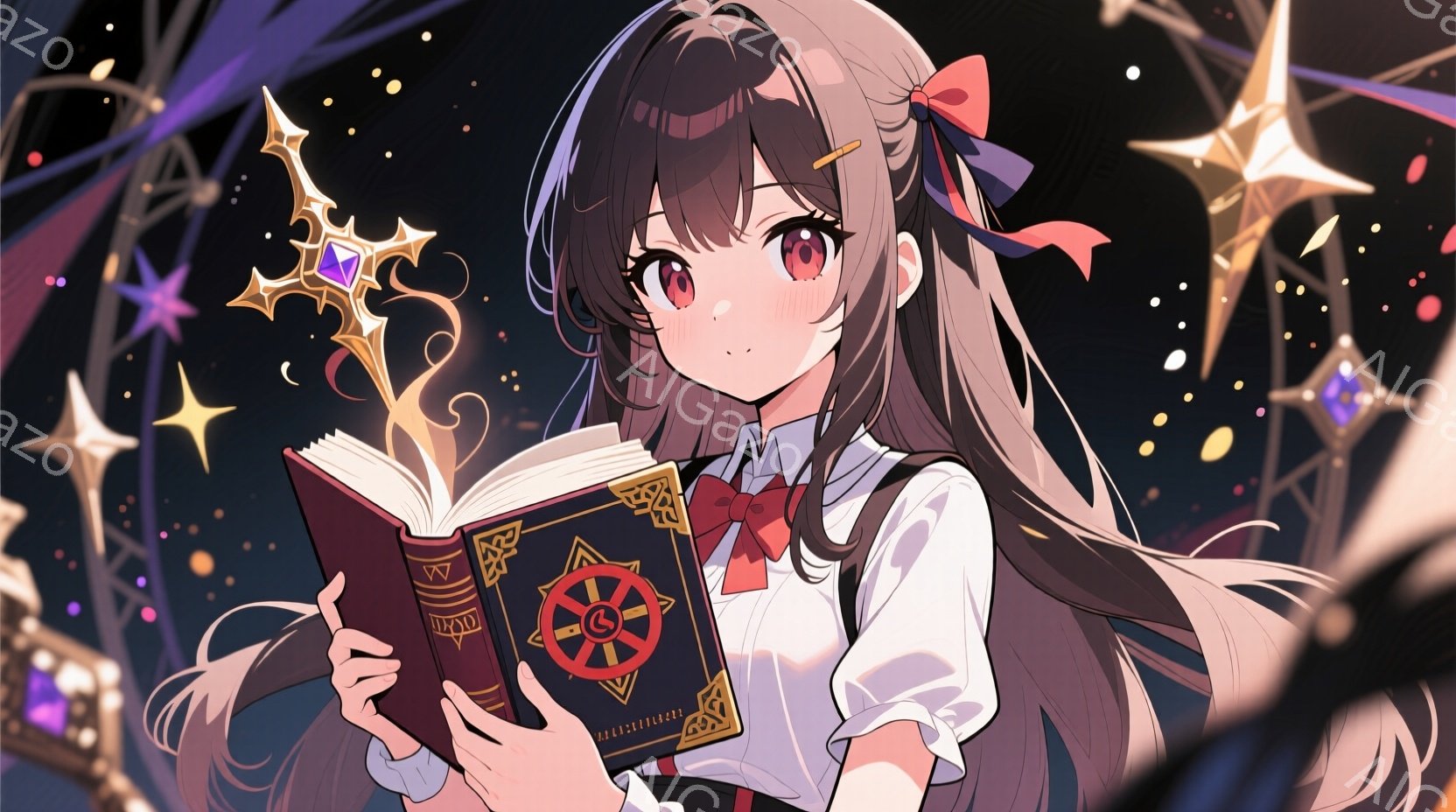 黒髪の少女が、赤いリボンと装飾が施されたセーラー服を着て、開いた本を手に持っています。彼女は少し頬を赤らめ、本から光の魔法が溢れ出している様子で、知的で神秘的な雰囲気を漂わせています。背景には星が散りばめられ、幻想的な光が彼女を取り囲んでいます。