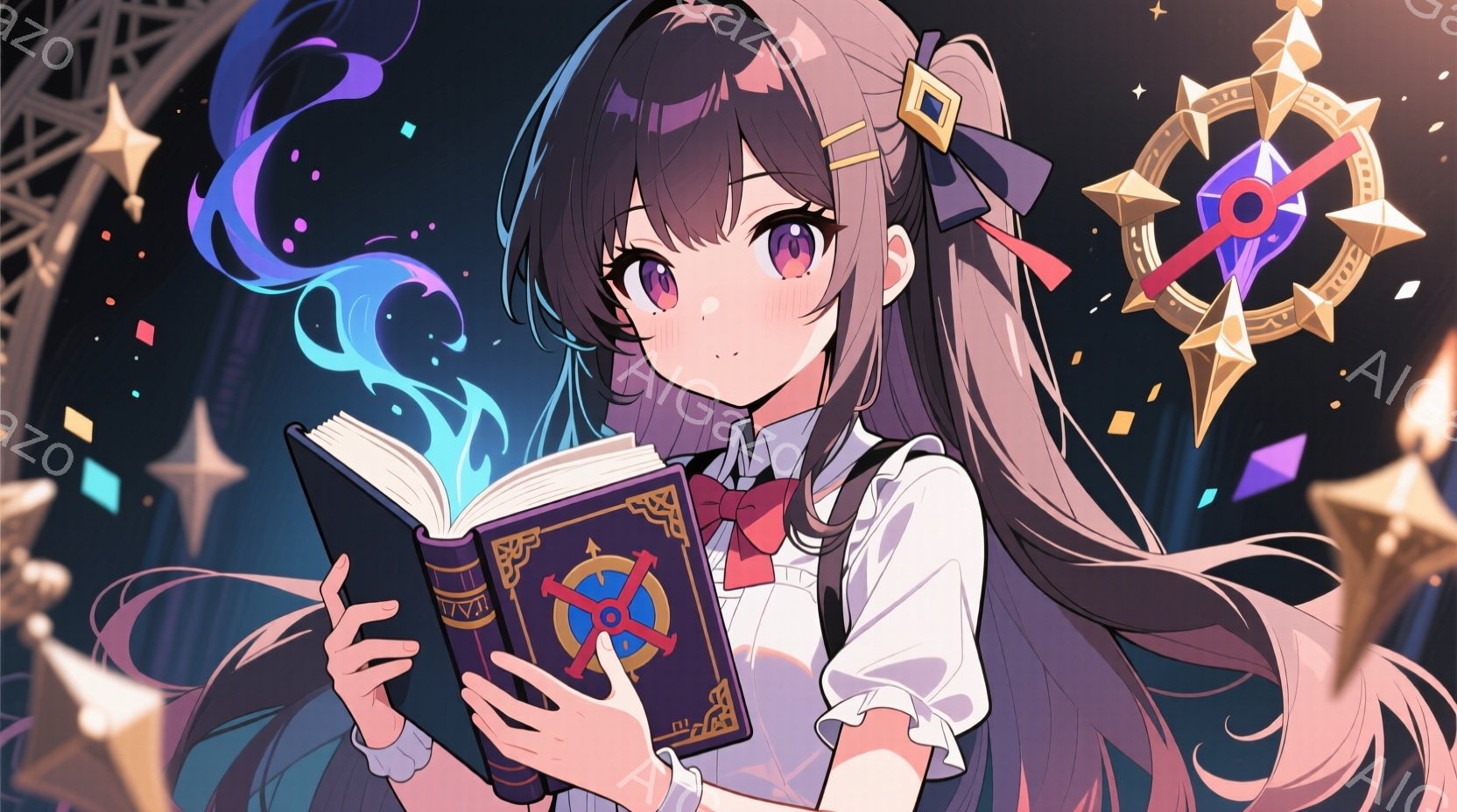 長い黒髪に赤いリボンをつけた少女が、開いた本を両手で抱えています。彼女は白いシャツに赤いリボンとネクタイ、そして濃い色のベストを着ており、優しい微笑みを浮かべています。背景には星や魔法陣のような模様が - AI生成フリー素材