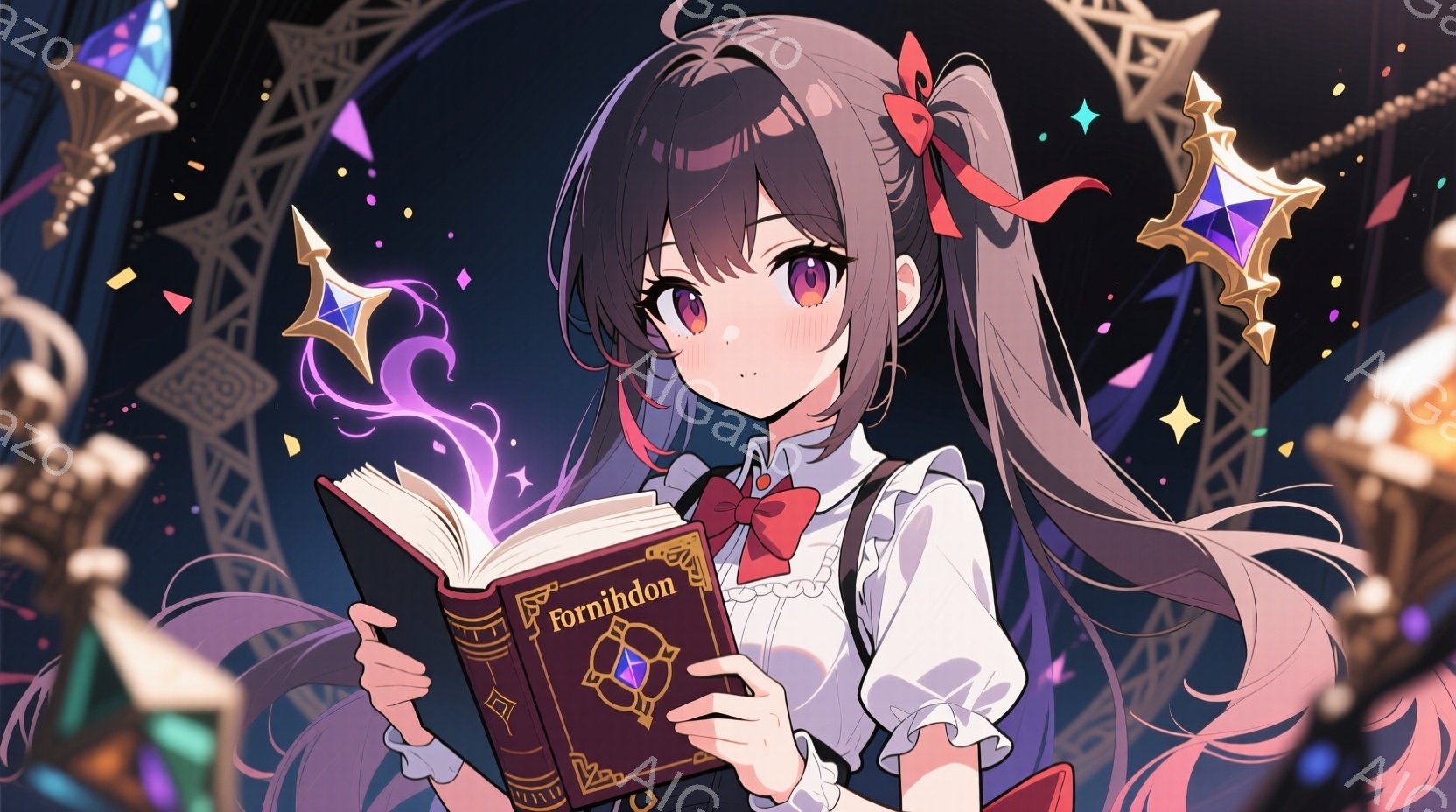 長い黒髪に赤いリボンをつけた少女が、装飾された表紙の「Fornidon」という本を両手で開いて読んでいる。彼女は白いブラウスと黒いスカート姿で、少し頬を赤らめ、穏やかな表情を浮かべている。背景には、光り輝く魔法陣のような装飾や、星屑のような輝きが散りばめられており、幻想的な雰囲気を醸し出している。