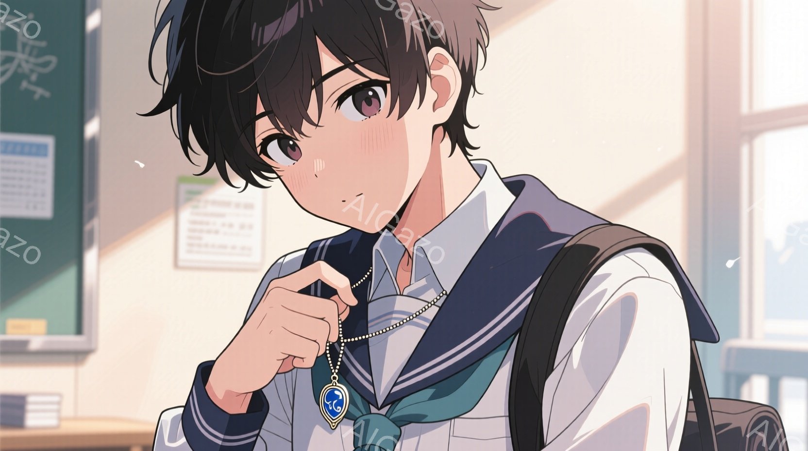紺色の髪で、少し頬を赤らめた若い男性が描かれています。彼は白いシャツに紺色のブレザー、ネクタイ、そして肩にかかるバッグを身に着けており、首には青い宝石のようなペンダントが光っています。背景には教室らしき場所が見え、窓から差し込む光が暖かく、少年が少し恥ずかしがっているような、優しい雰囲気が漂っています。