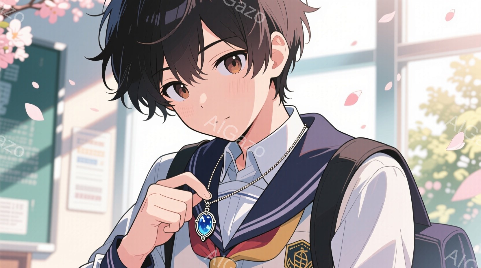 短い黒髪で、少しカールがかかった髪型をした少年が描かれています。彼は制服を着ており、ネクタイと胸元のペンダントが目立ちます。背景には学校の廊下らしき場所と、桜の花びらが舞う春の風景がぼんやりと見え、柔 - AI生成フリー素材