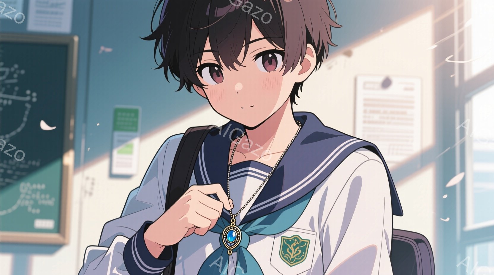 紺色のブレザーに白いシャツを着た若い男性を描いています。彼は肩に黒いバッグをかけ、首には宝石がはめ込まれたペンダントをつけた鎖をしています。背景には教室らしき場所と窓からの強い光があり、暖かく、少しノスタルジックな雰囲気です。