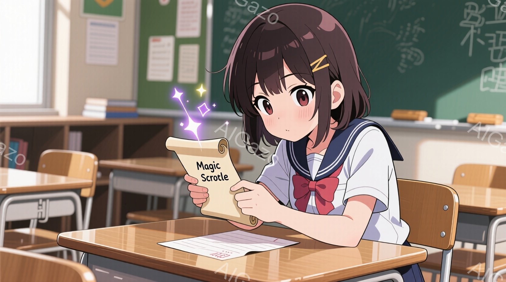 茶髪のショートヘアにリボンをつける少女が教室で描かれている。彼女はセーラー服を着ており、机の上にはテストのような紙が置かれている。光り輝く巻物を手に持ち、少し照れくさそうに微笑んでいる様子から、良い結果に喜びを感じている雰囲気が伝わる。