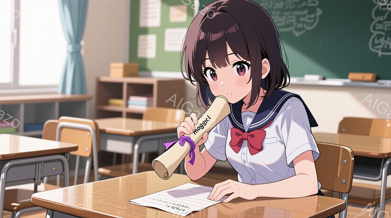 茶色の短い髪にリボンをつけている少女が教室に座っています。彼女は制服を着ており、手には卒業証書のような巻物を持っています。彼女は少し照れたような表情で、机の上には書類が広げられています。 - AI生成フリー素材