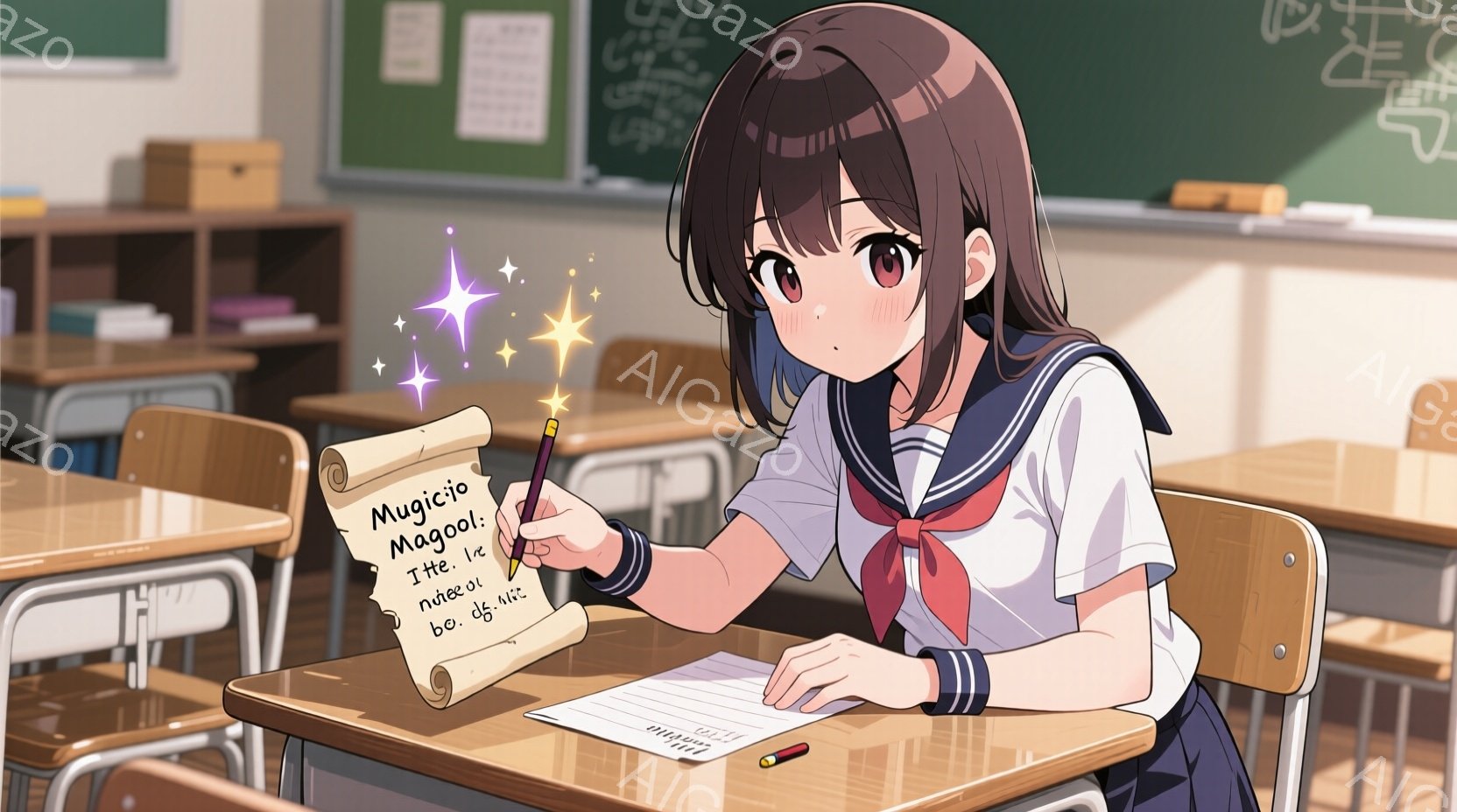 制服姿の少女が教室で机に向かって何かを書いています。彼女は茶色のショートヘアで、少し頬を赤らめており、真剣な表情でペンを握っています。教室には机や椅子が並び、黒板には何らかの文字が書かれており、全体的 - AI生成フリー素材