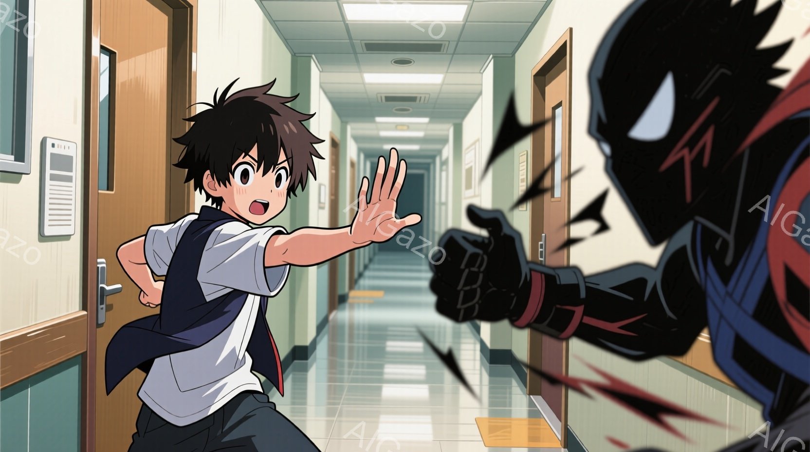茶髪の少年は、学校の廊下で何かから逃げるように手を伸ばしています。白いシャツに紺色のブレザー、黒いズボンという制服を着ており、表情は驚きと恐怖が入り混じっています。廊下の壁は薄いクリーム色で、床は光沢のあるタイル張りで、遠くにドアが見え、緊迫した雰囲気が漂っています。