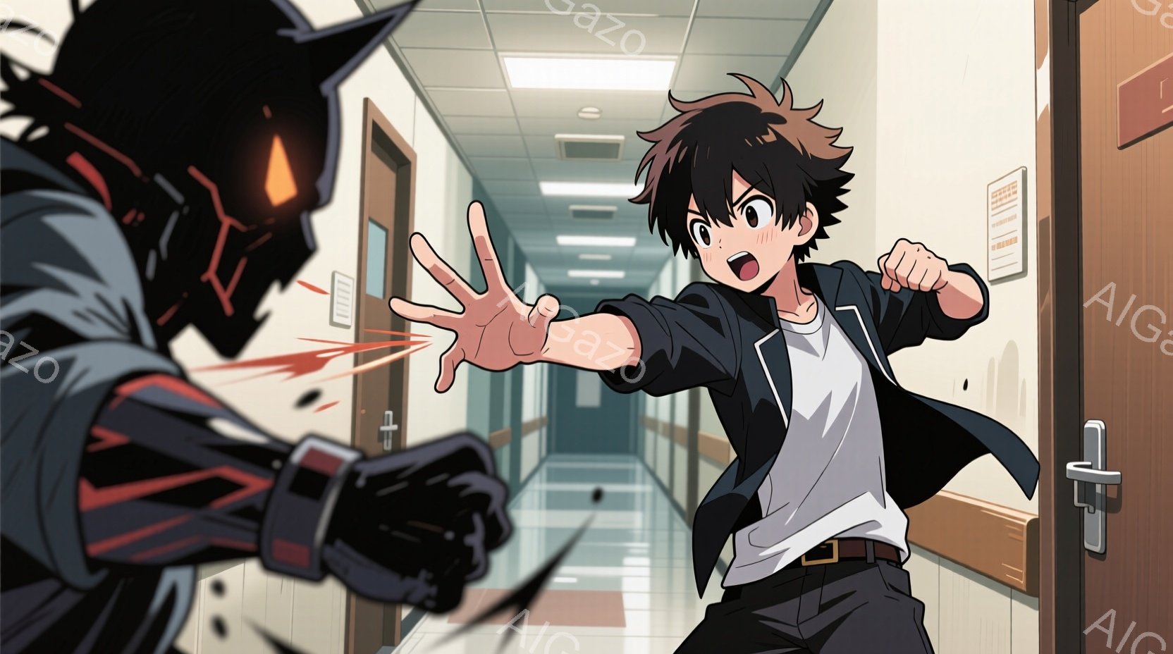 黒いロボットのような存在が、少年に対し拳を振り上げようとしています。少年は黒髪で、白いシャツにジャケットを羽織り、驚いた表情で両手を前に出して防御姿勢を取っています。背景は廊下で、壁にはポスターが貼られ、全体的に緊迫感のある雰囲気です。