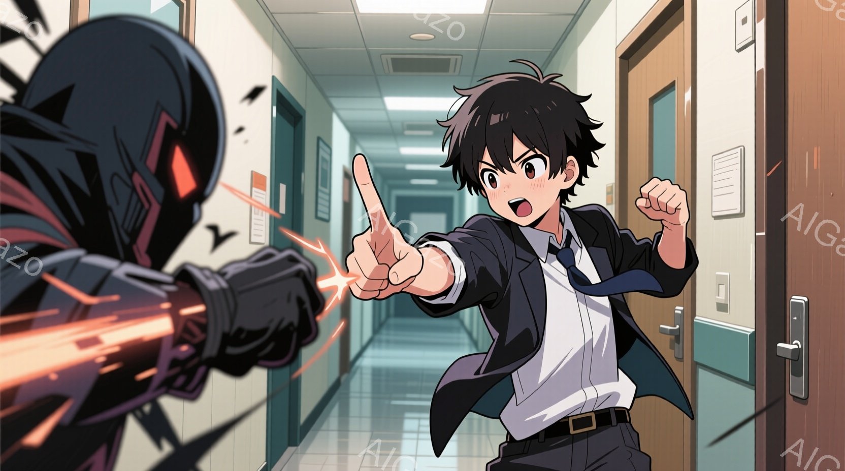 廊下で、制服を着た若い男性が片手を上げて何かを指し示しています。彼は黒髪で、驚いたような表情を浮かべており、黒いジャケットを羽織った姿は少し緊張しているように見えます。背景には、赤いエネルギー線を放つ黒い影のような存在がおり、緊迫感のある雰囲気を醸し出しています。