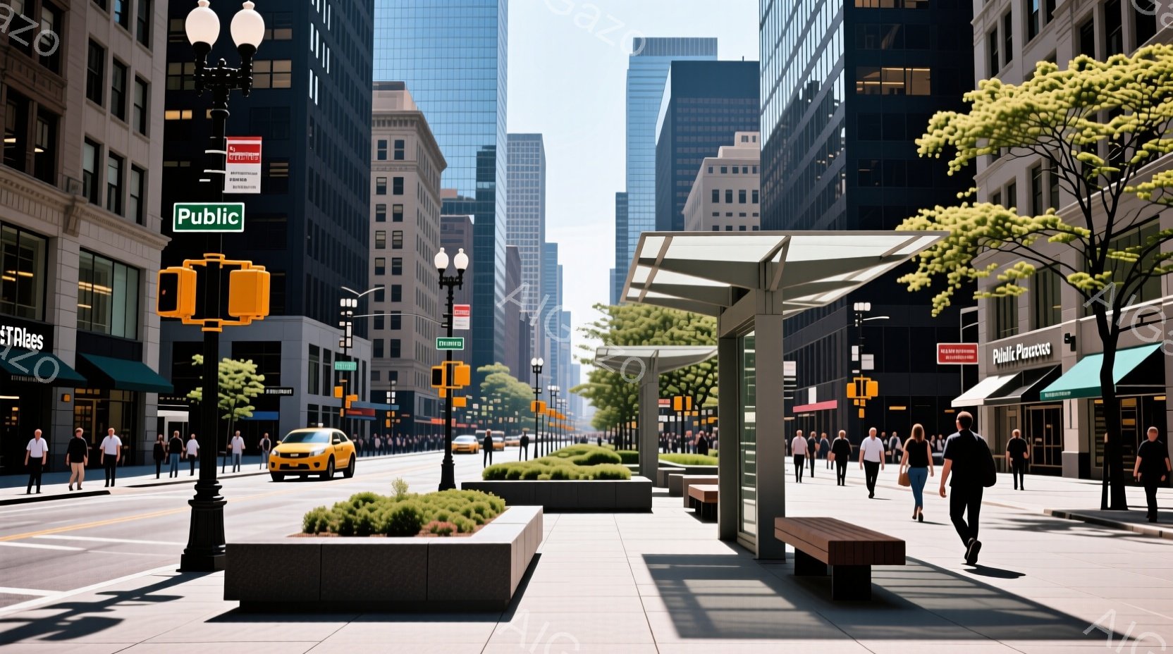 ニューヨークのような大都市の通りを捉えています。人々はカジュアルな服装で歩いており、一部はショッピングを楽しんでいるようです。背景には高層ビルが林立し、街路樹と整備された花壇が都市の風景に彩りを添えています。