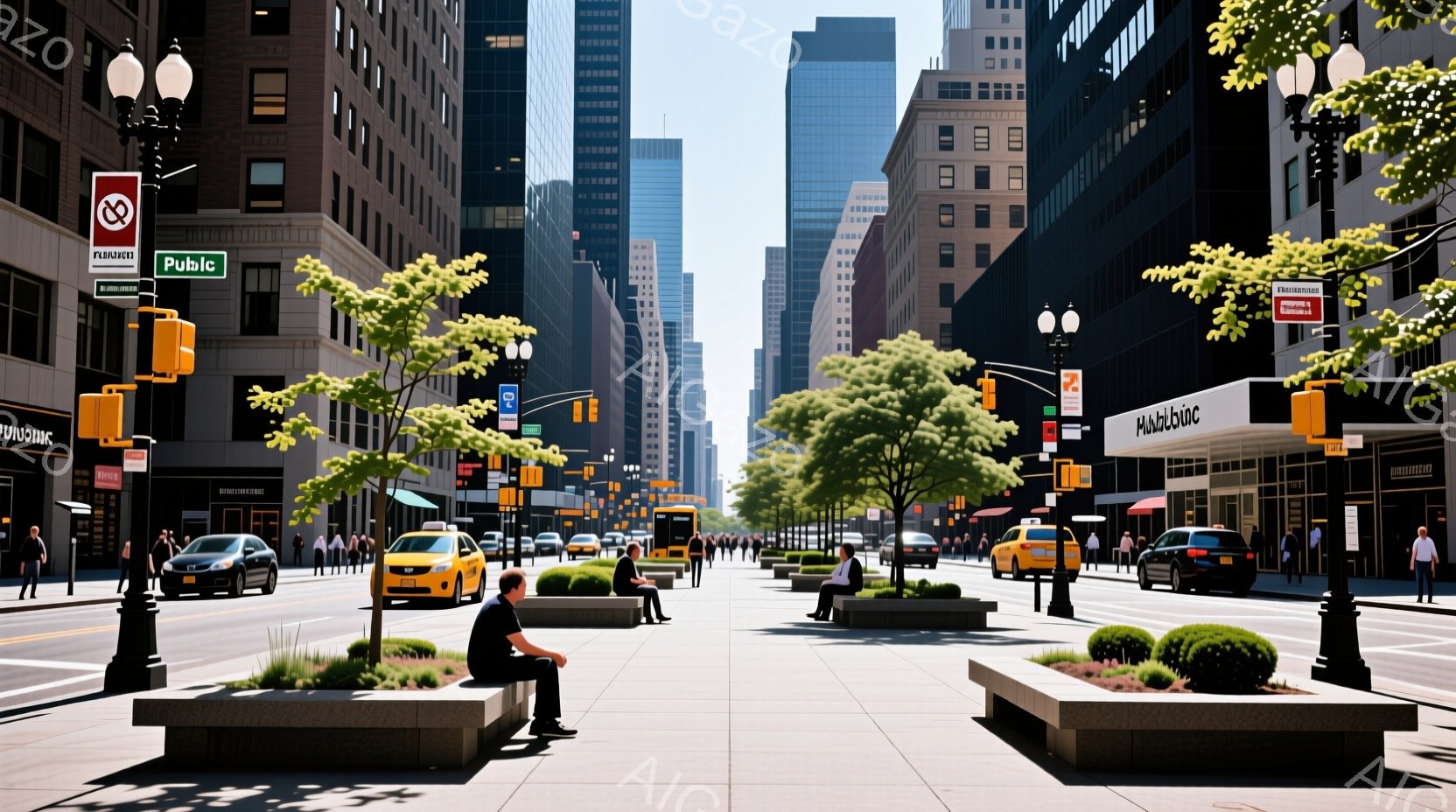 ニューヨークの通りが写っており、高層ビルが両側に立ち並び、緑豊かな並木道が印象的です。人々はベンチに座って休憩したり、歩道を歩いたりしており、日差しが明るく、穏やかな雰囲気が漂っています。タクシーやバスなどの車両が道路を走行し、都市の活気を感じさせます。