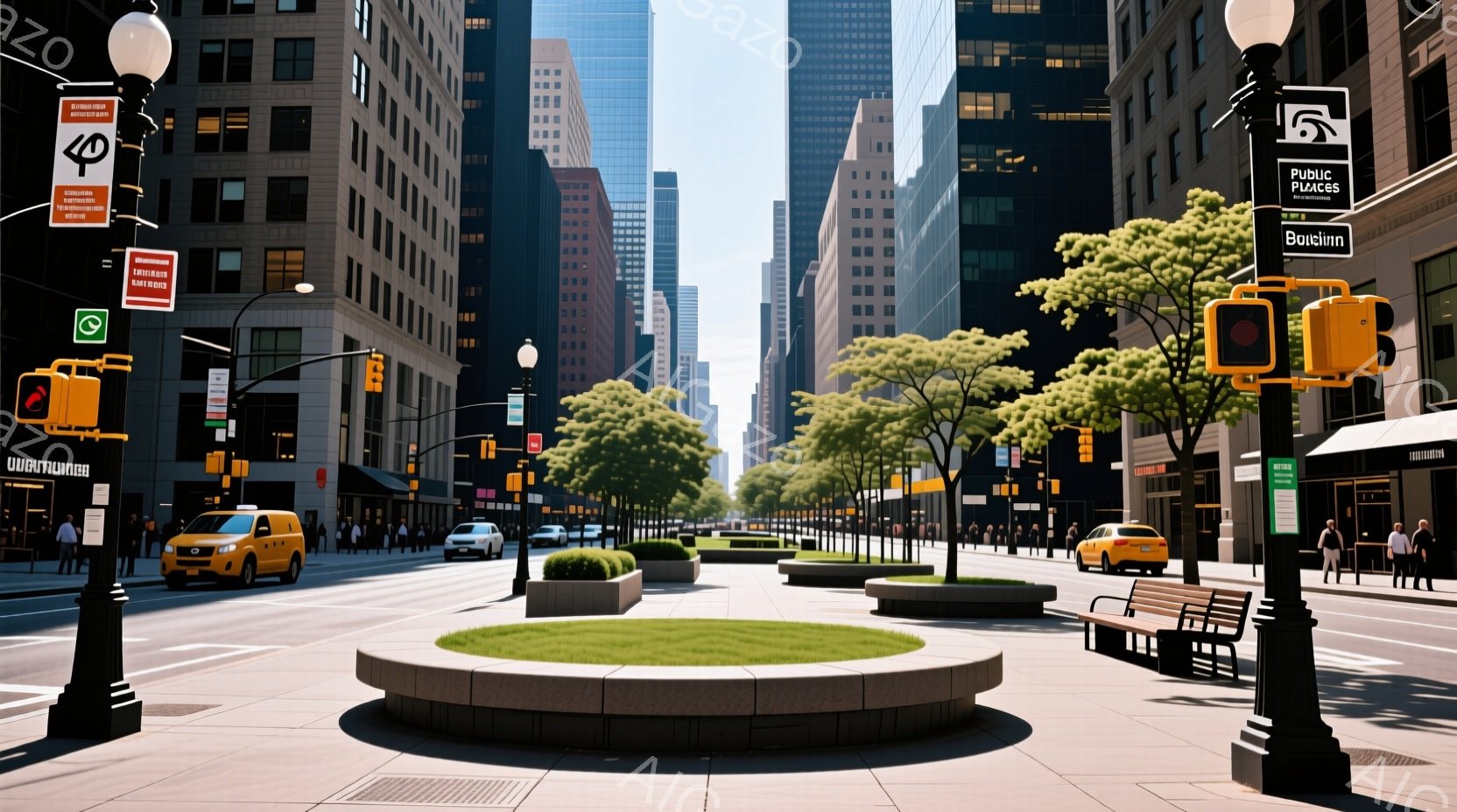 高層ビルが立ち並ぶニューヨークの街並みで、歩道に緑の芝生と木々が配置された広場が見える。人々はカジュアルな服装で、一部は歩行、一部はベンチに座って休憩している。晴天で、空は明るく、全体的に穏やかで平和 - AI生成フリー素材