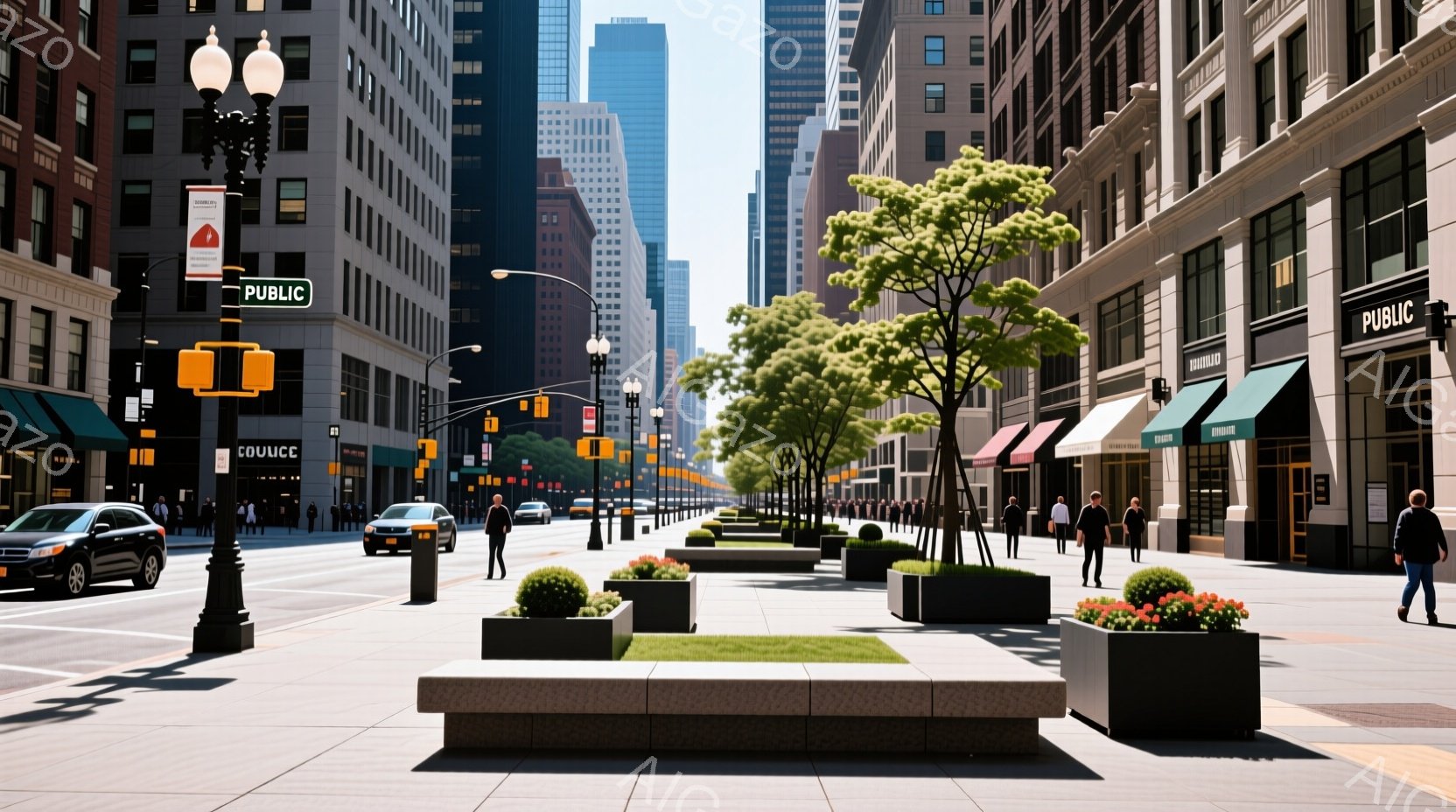 ニューヨークの賑やかな通りが写っており、両側には高層ビルが立ち並び、歩道には植木鉢やベンチが配置されている。人々はカジュアルな服装で歩行しており、一部はビジネススーツを着ているが、表情ははっきりと読み取れない。空は晴れており、全体的に活気があり、都会的な雰囲気を醸し出している。
