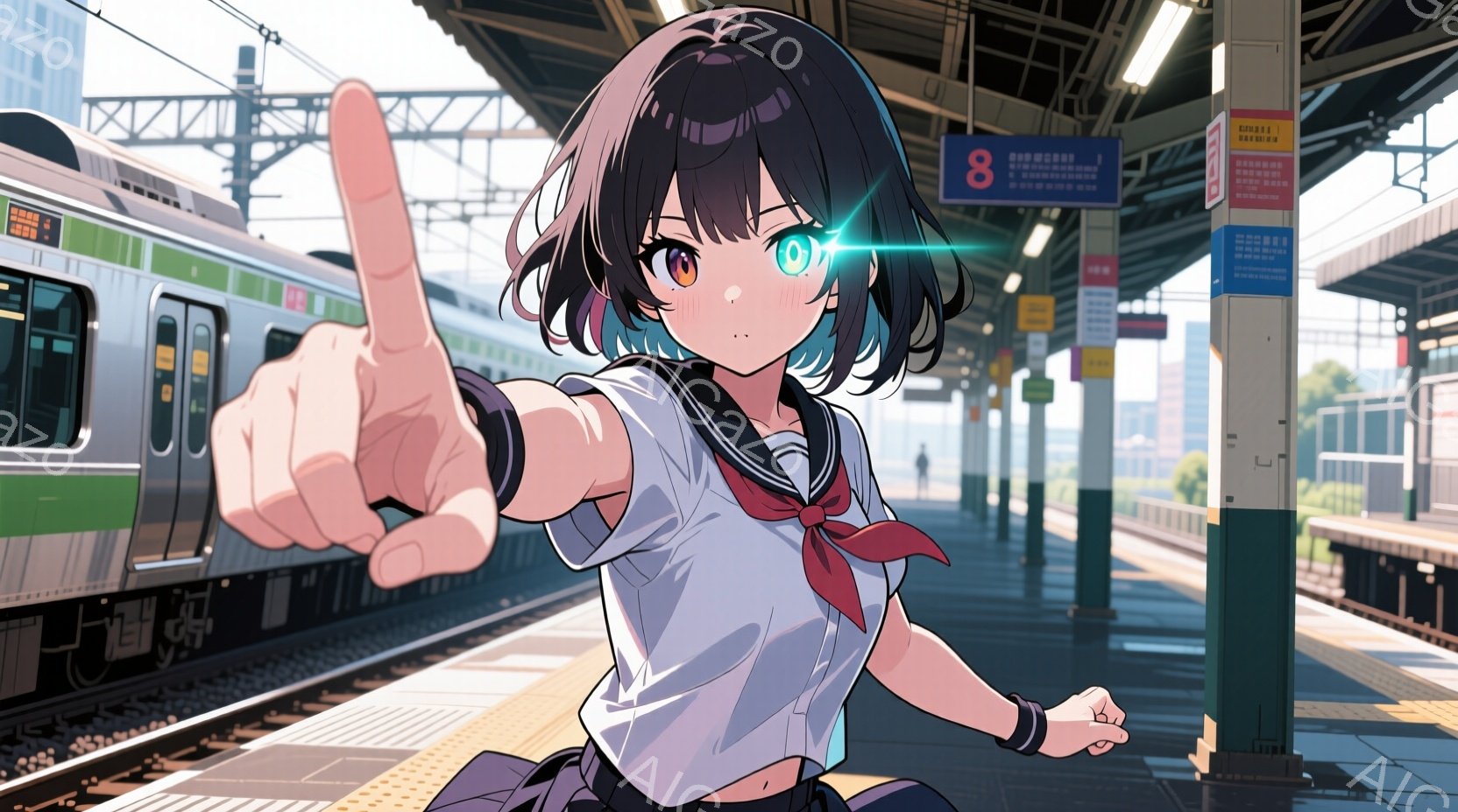 黒髪と水色のグラデーションヘアの少女が、鉄道の駅のプラットフォームで右手を指し示しています。彼女は白いブラウスにネクタイとセーラー服、スカートを着用しており、活気に満ちた表情で何かを強調しています。背景には、列車、プラットフォームの標識、そしてややぼやけた駅構内が広がっており、晴れた日の駅の賑やかな雰囲気が感じられます。