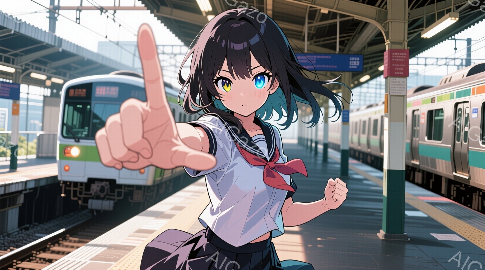 茶髪とターコイズブルーのグラデーションヘアの少女が、鉄道の駅のプラットフォームで、片手を前に突き出し、指を指している。彼女は白いブラウスにネイビーのスカート、赤色のリボンタイという制服を着ており、活気に満ちた表情で、まるで視聴者に何かを訴えかけているようだ。背景には、鉄道の線路と電車、そして日差しが差し込む青空が見え、躍動感のある、明るい雰囲気を醸し出している。