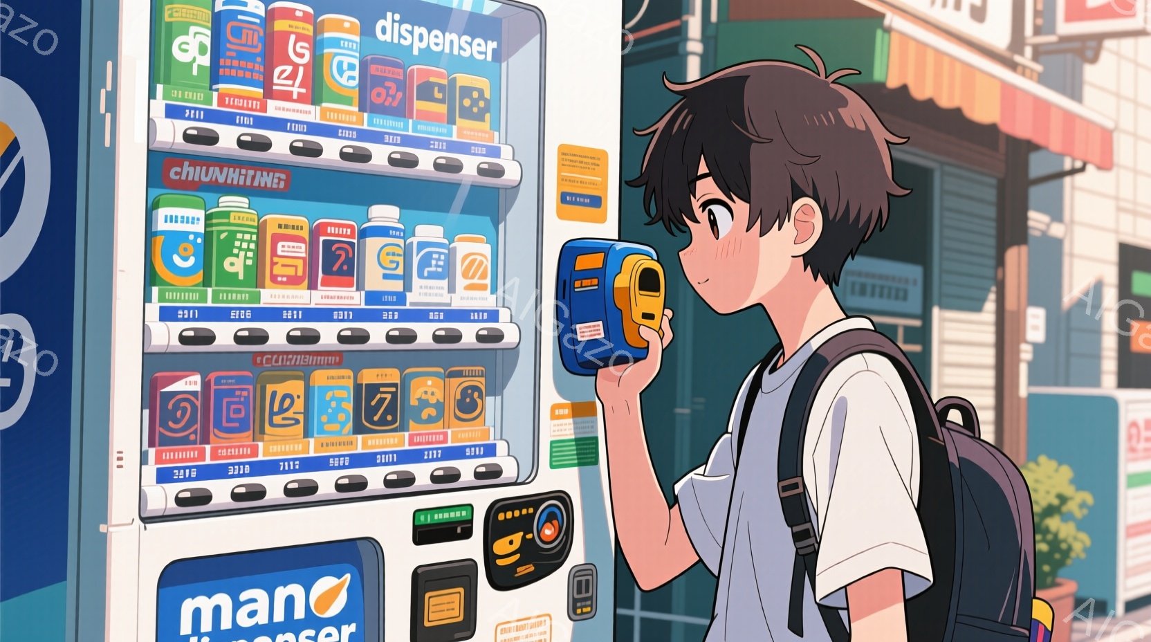 若い男性が自動販売機の前で、何かを照らしています。彼は黒髪で、制服のような服を着ており、肩にバッグを掛けています。背景にはカラフルな建物が見え、晴れた日の穏やかな雰囲気が感じられます。
