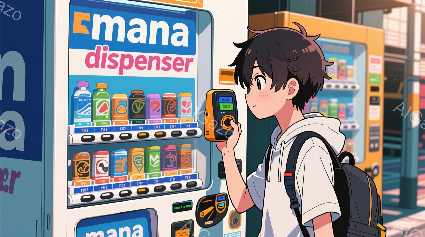 若い男性が自動販売機に向かって何かをスキャンしている様子が描かれています。彼は黒髪で、白いシャツに濃い色のベストとリュックサックを背負っており、やや前かがみの姿勢で携帯電話のようなデバイスを自動販売機にかざしています。背景にはカラフルな建物と緑の木々が見え、晴れた日の穏やかな雰囲気が漂っています。
