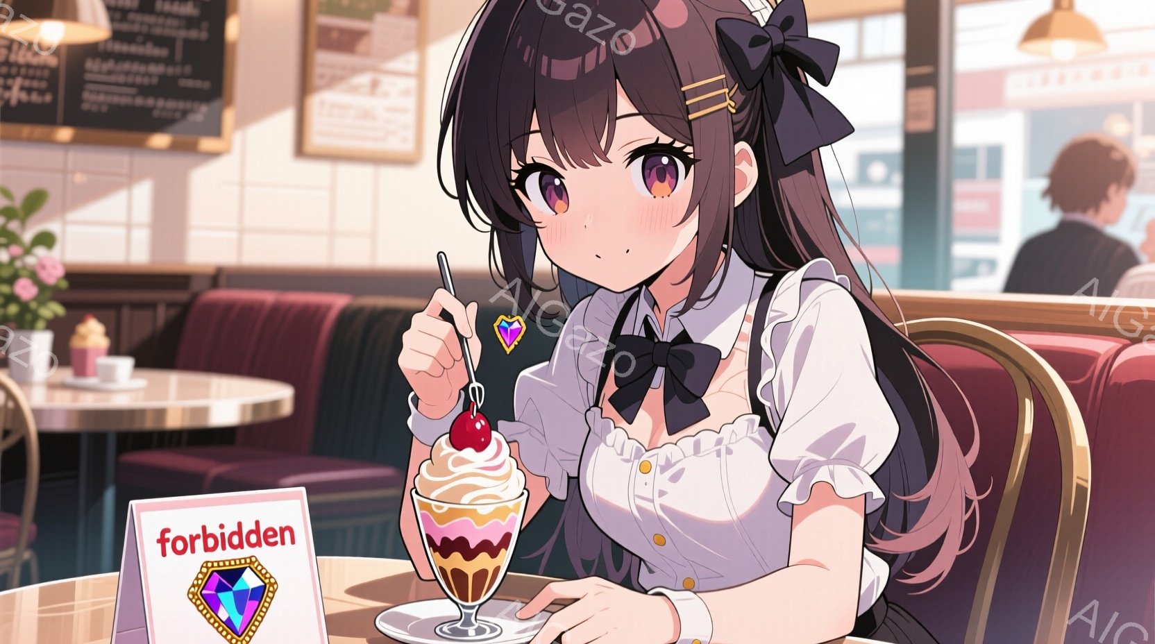 明るいカフェの内部でパフェを食べている若い女性を描いています。彼女は黒いリボンと白いブラウス、そして紺色のスカートを着ており、長い黒髪はサイドにリボンで飾られています。彼女は微笑んでおり、上品な雰囲気 - AI生成フリー素材