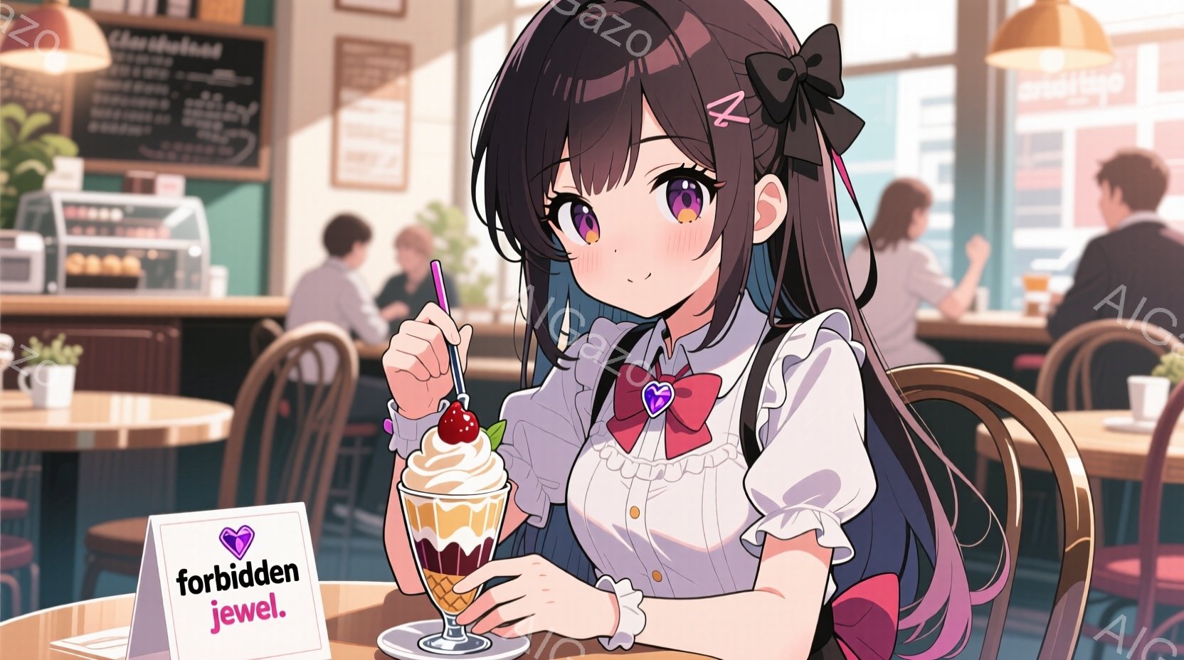 黒髪で可愛らしい少女が、クリームとフルーツが乗ったグラスデザートをフォークで楽しんでいます。彼女は白いフリル襟のブラウスにリボン、そして淡いピンク色の髪飾りをつけており、頬はほんのり赤らんでいます。背 - AI生成フリー素材