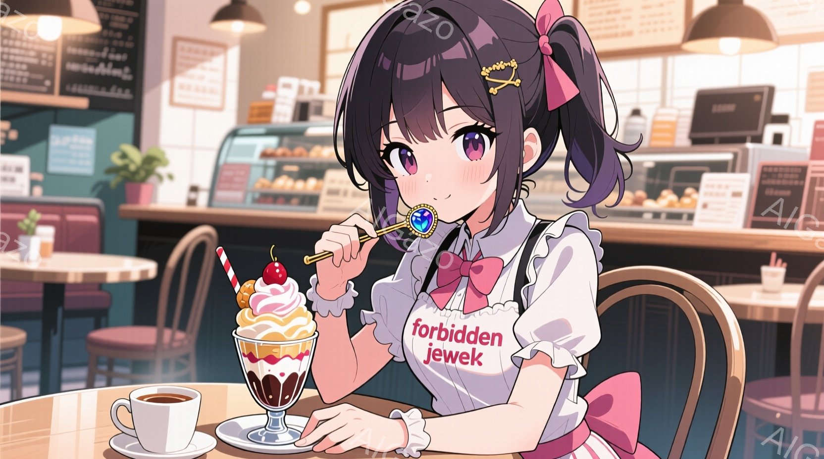 明るいカフェに座る若い女性が描かれています。彼女は黒髪のウェーブヘアをまとめ、白いフリルのエプロンとリボンがアクセントの可愛らしい服装をしています。大きな瞳とほのかな笑顔で、背の高いグラスに入ったパフ - AI生成フリー素材