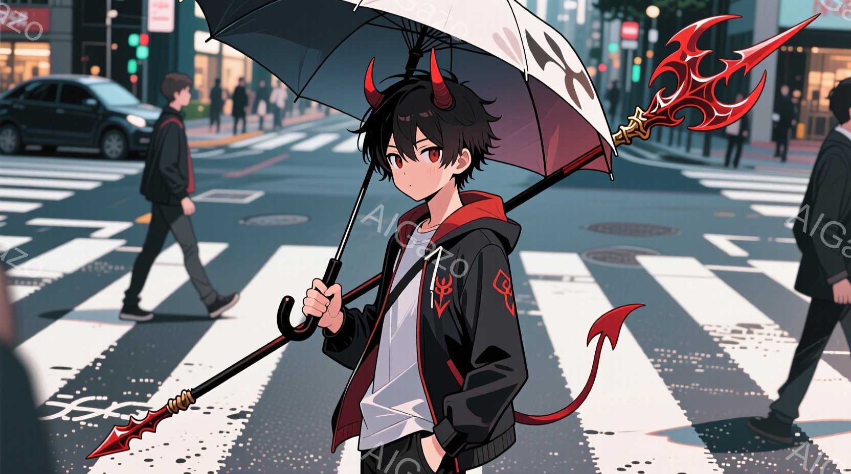 この少年は、黒い髪に角と尾を持つ、ファンタジー風のキャラクターです。白いTシャツの上に黒いジャケットを着ており、片手に赤い模様が施された独特な傘を持っています。背景には、夜の街並み、信号、歩行者、車が見え、雨が降っている様子がうかがえます。