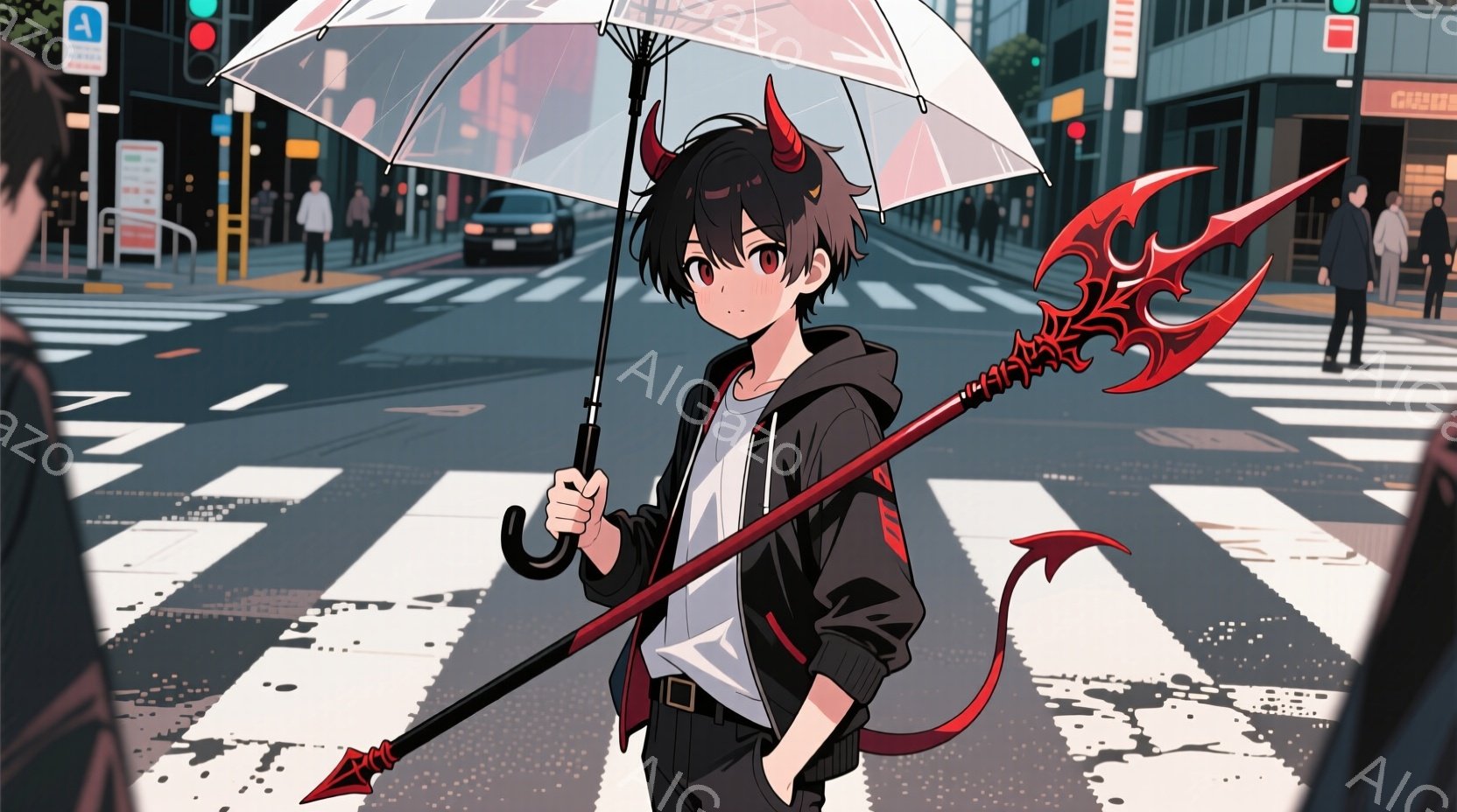 若者は、黒いパーカーと白いTシャツ、そしてジーンズ姿で、雨の日の横断歩道を歩いている。彼は角と尻尾を持っており、片手に透明な傘を持ち、もう一方の手には赤い槍のような武器を持っている。背景には、雨に濡れた都市の風景が広がり、信号機や車両が見える。