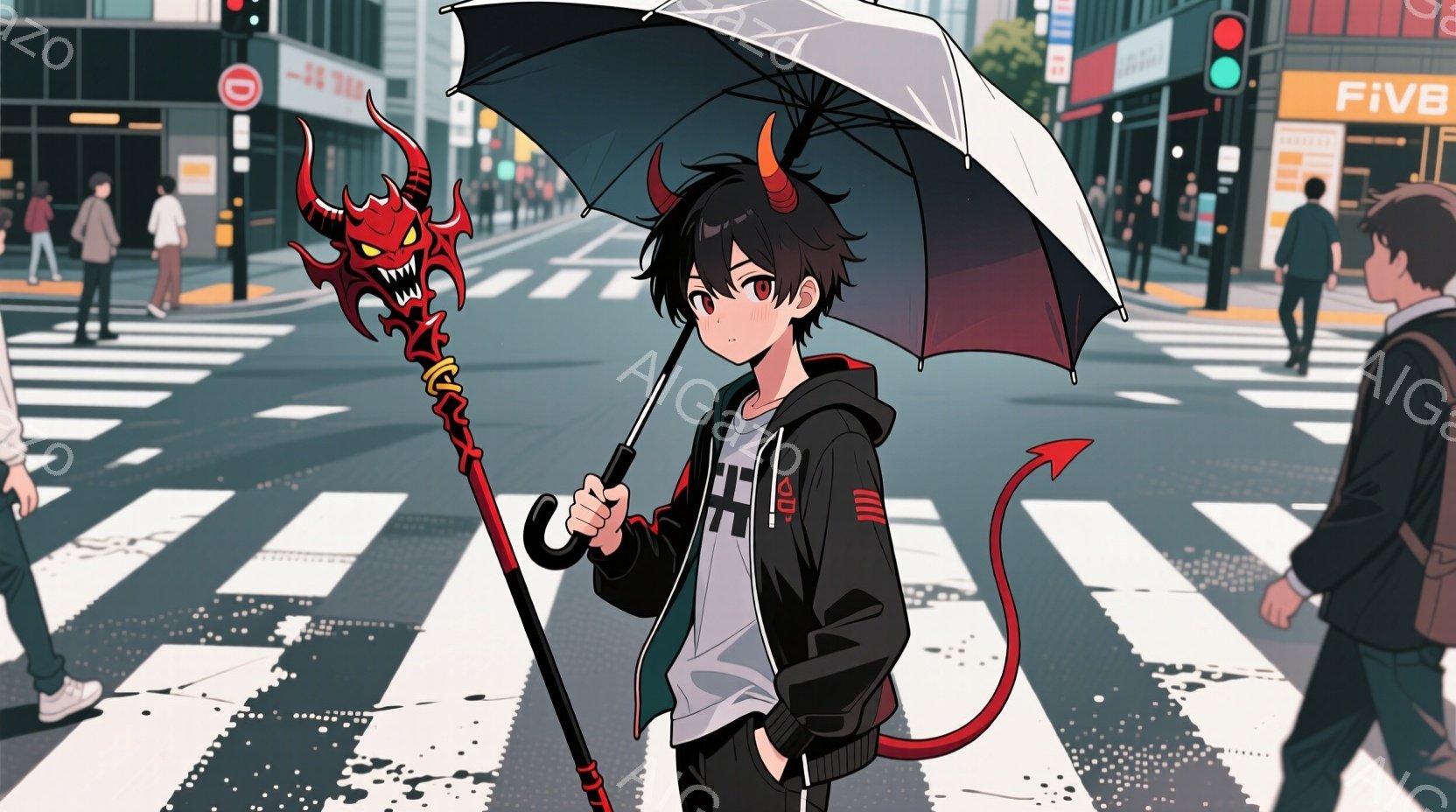 若い男性が、雨の日の横断歩道を黒い傘をさして歩いている。彼は角が生えた赤い髪と、黒いパーカーとズボンというカジュアルな服装で、手に赤い装飾が施された杖を持っている。背景には建物や人々が見え、全体的に少 - AI生成フリー素材