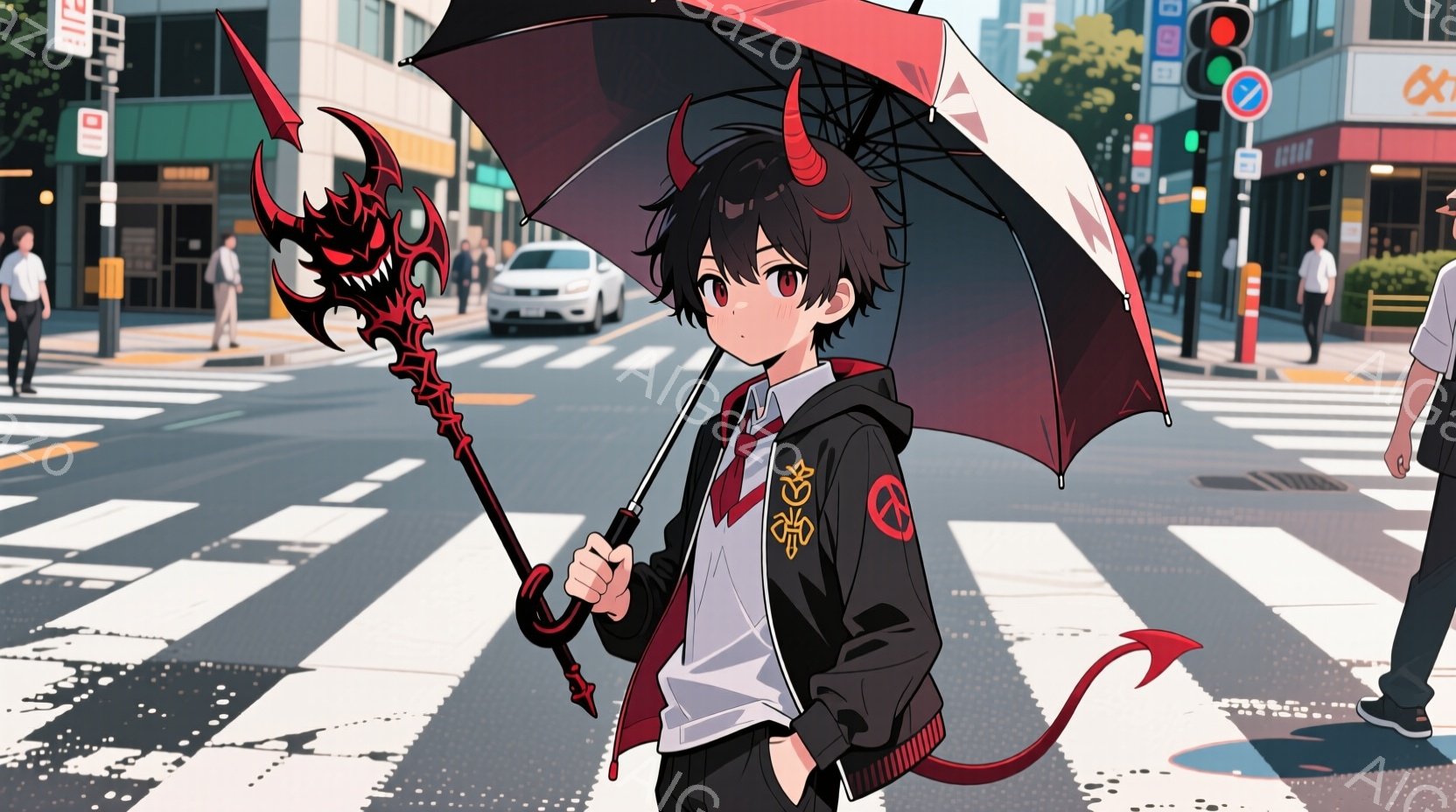 黒髪の少年が、雨の中、交差点で傘をさして立っている。彼は赤い角と尻尾を持ち、黒いジャケットに白いシャツ、赤いネクタイを締めている。背景には、建物や車、信号機が見え、雨の日の都会の雰囲気が漂っている。 - AI生成フリー素材
