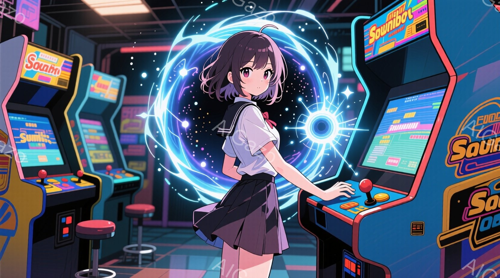明るい茶色の髪をした少女がゲームセンターでゲームをしている様子が描かれています。彼女は白いシャツに濃い青のスカート、リボン付きのネクタイをつけており、ゲーム機の画面から青い光が放射される中心に立っています。背景には他のゲーム機が並び、全体的に明るく活気のある雰囲気が漂っています。