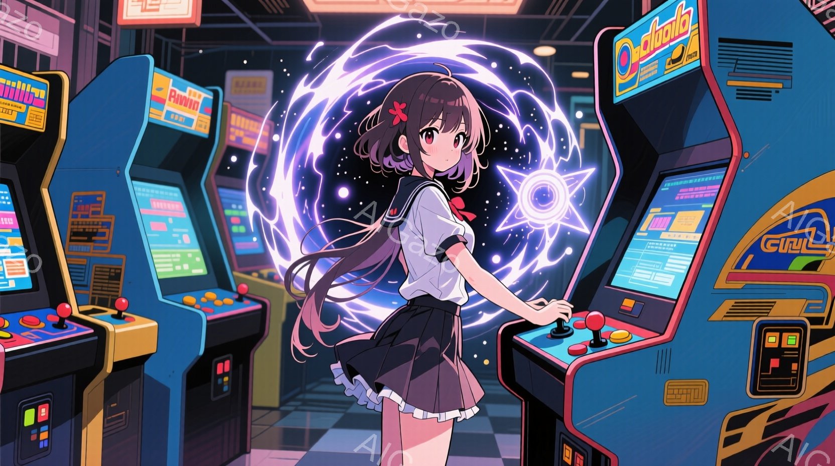 ゲームセンターでゲームをしている若い女性を描いています。彼女は白いシャツにネクタイ、セーラー風のスカート、赤いリボンをつけたツインテールヘアスタイルで、集中してゲームに取り組んでいます。背景にはカラフルなゲーム機が並び、彼女の周りには光のエネルギーが渦巻いており、活気と興奮に満ちた雰囲気を醸し出しています。
