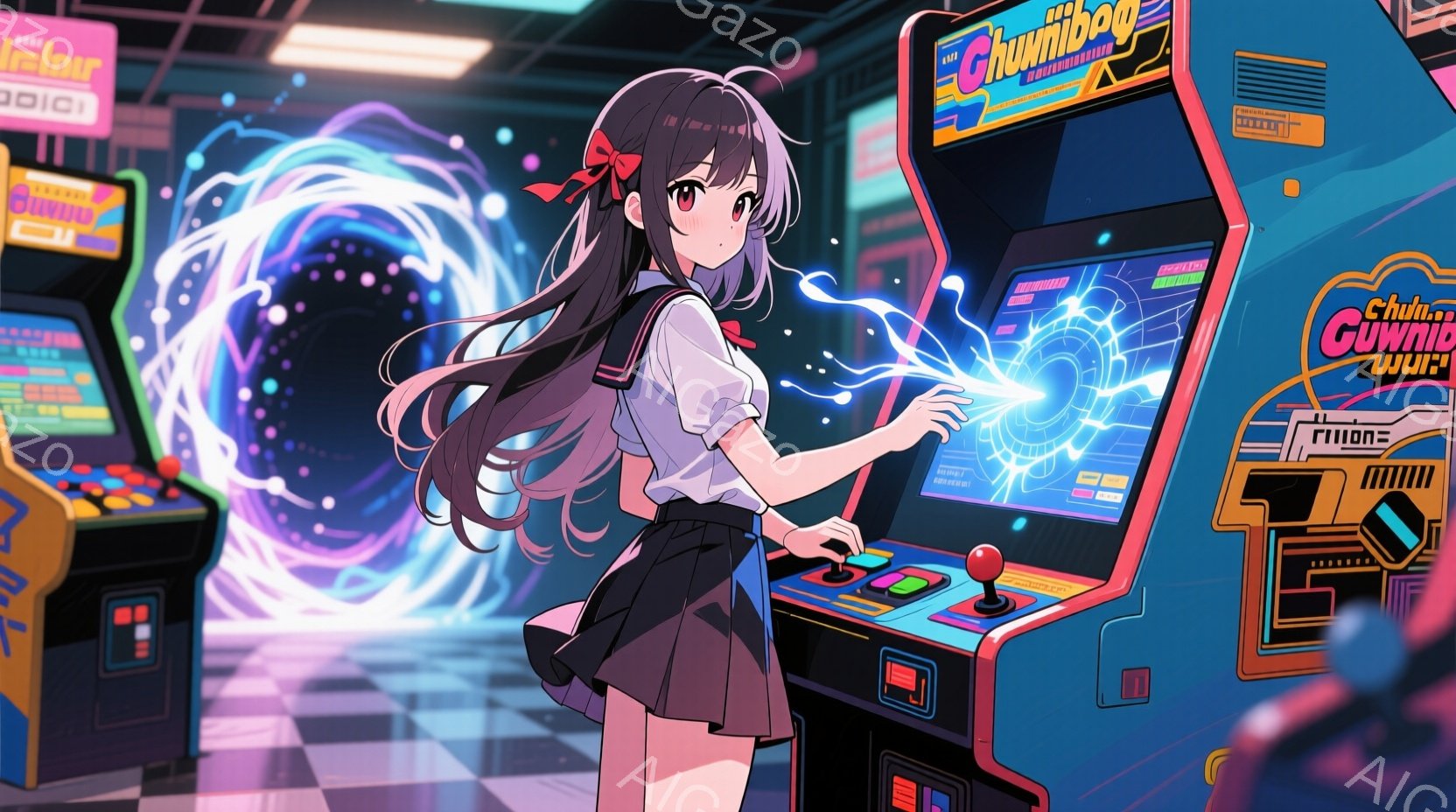 アーケードゲーム機の前でプレイしている若い女性が描かれています。彼女はセーラー服を着ており、長い黒髪をリボンで結んでいます。ゲーム画面からは鮮やかな光が放たれ、彼女の周りに幻想的な雰囲気を作り出しています。
