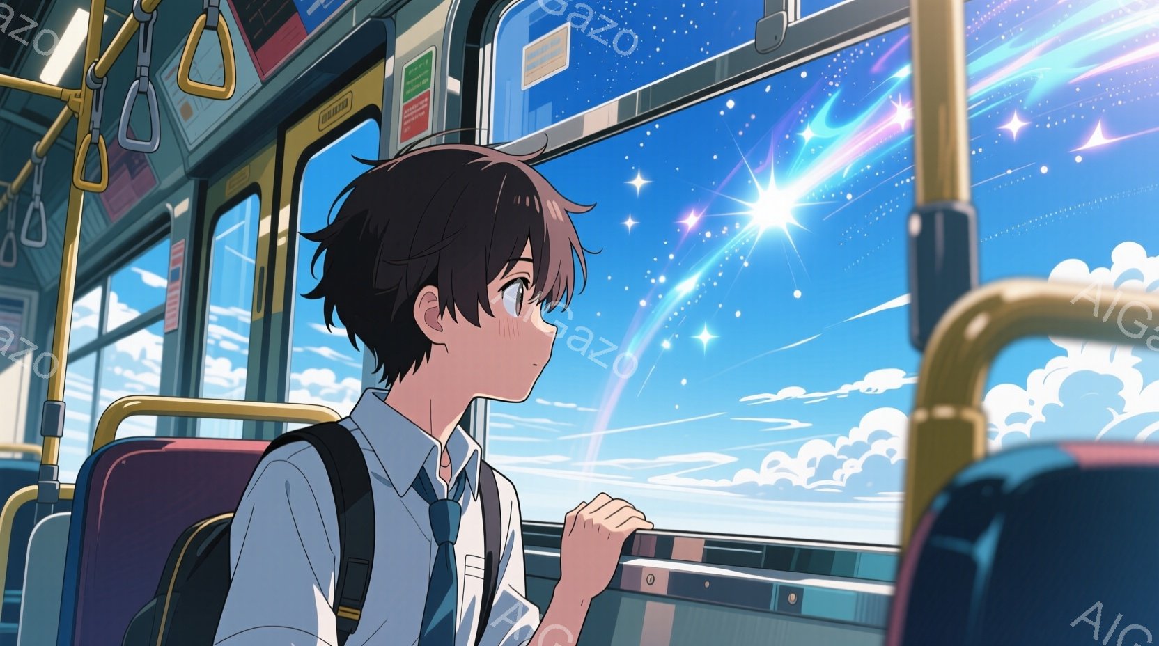 制服を着た少年がバスの窓際に座り、雲の上を見上げている。彼の黒髪は少しウェーブがかかり、横顔にはどこか寂しげな表情が浮かんでいる。窓の外には青空と雲が広がり、星が輝いており、幻想的な雰囲気を醸し出している。